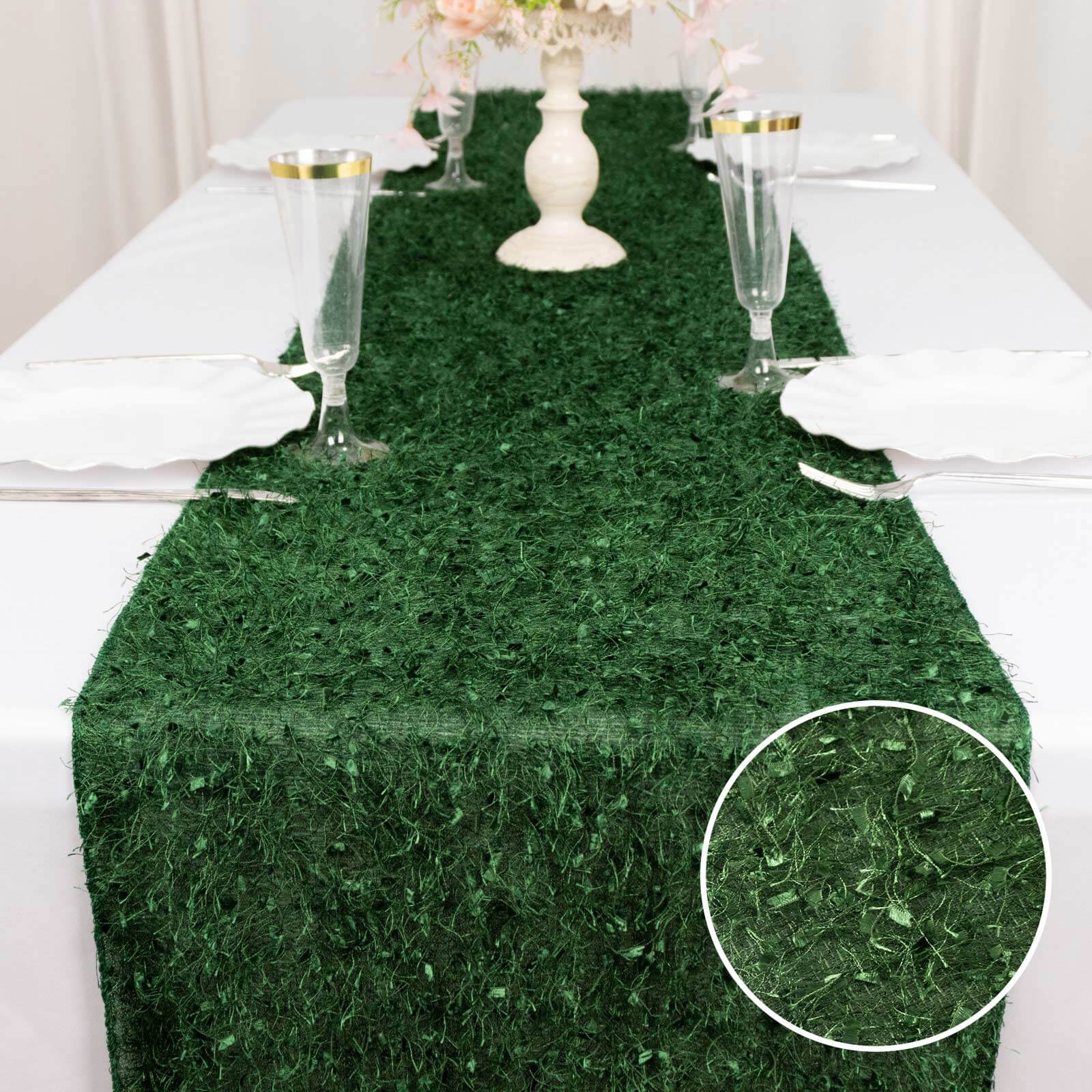 Polyester 12"x108" Table Runner Green - Fringe Shag Table Decor