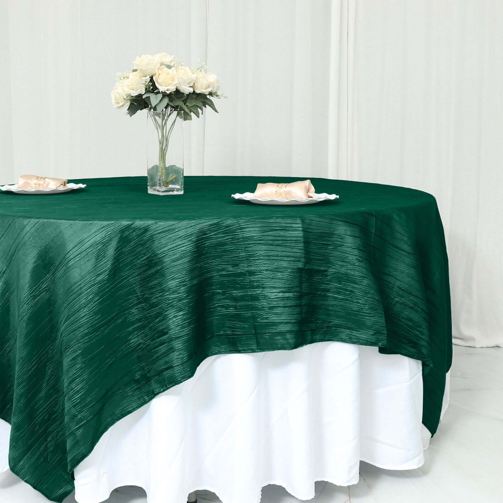 Taffeta 90"x90" Table Overlay Square Tablecloth Hunter Emerald Green - Accordion Crinkle Table Cover