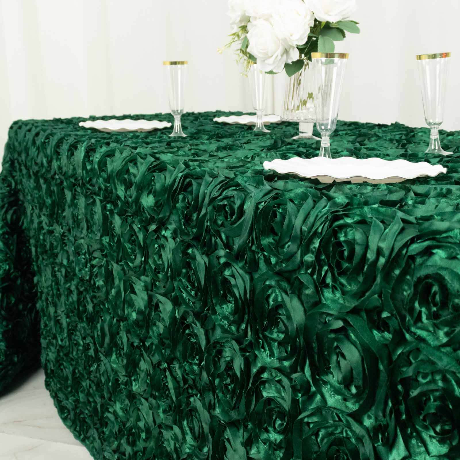 Satin 90"x132" Rectangle Tablecloth Hunter Emerald Green - Grandiose 3D Rosette Seamless Table Cover