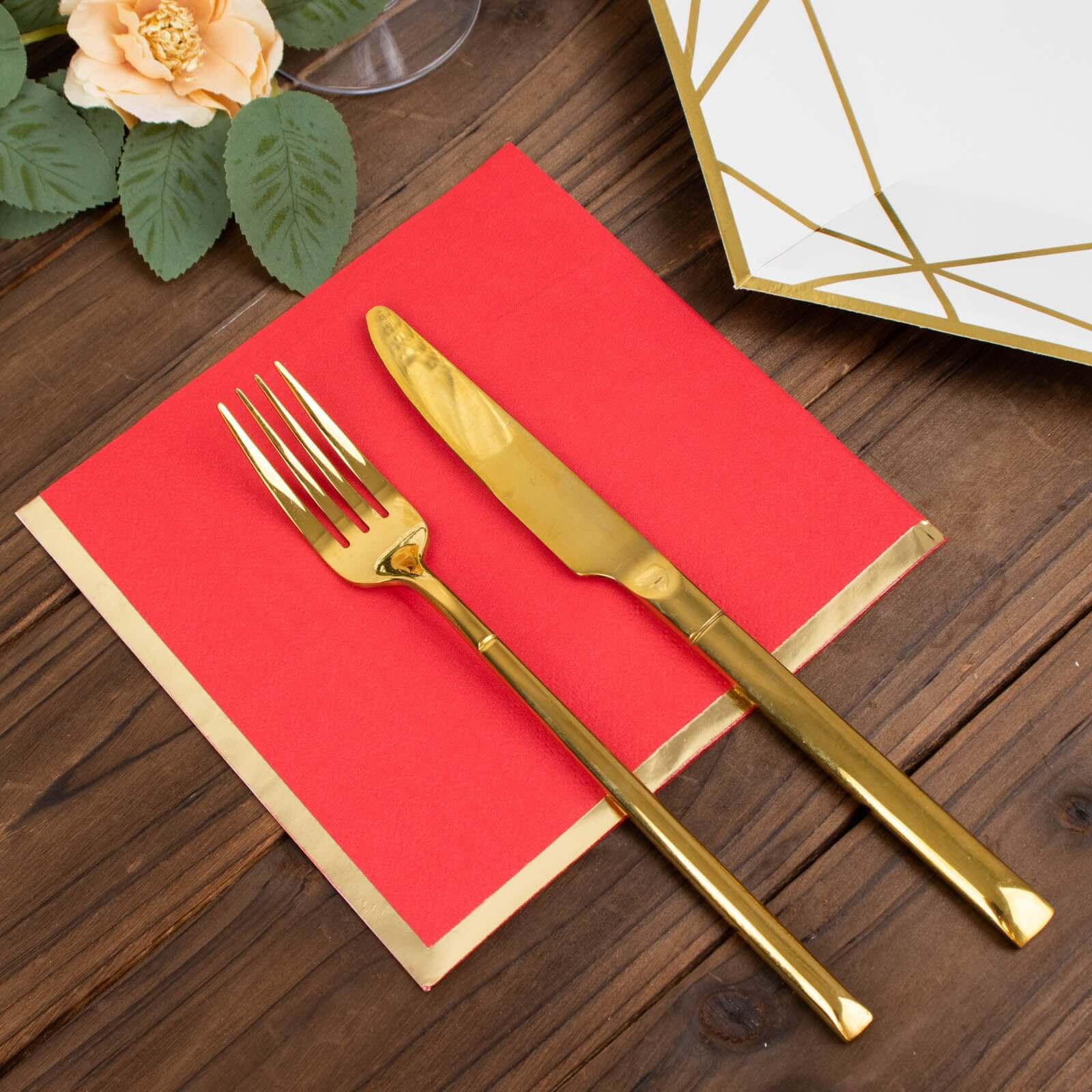 50-Pack Paper Beverage Napkins with Gold Foil Edge Red - Disposable 2 Ply Cocktail Napkins for Events 6.5"x6.5"