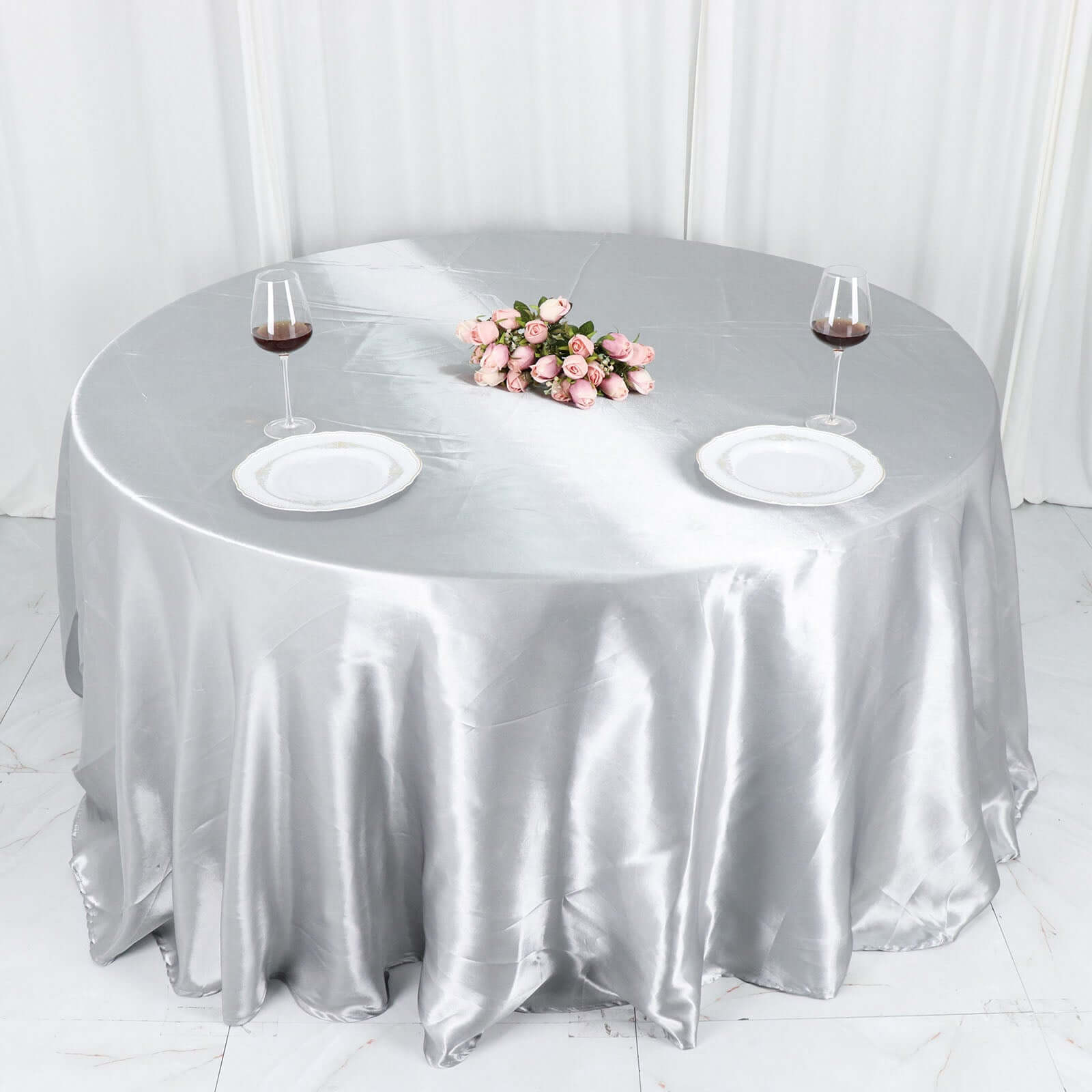 Satin 132" Round Tablecloth Silver - Stylish Seamless Table Cover