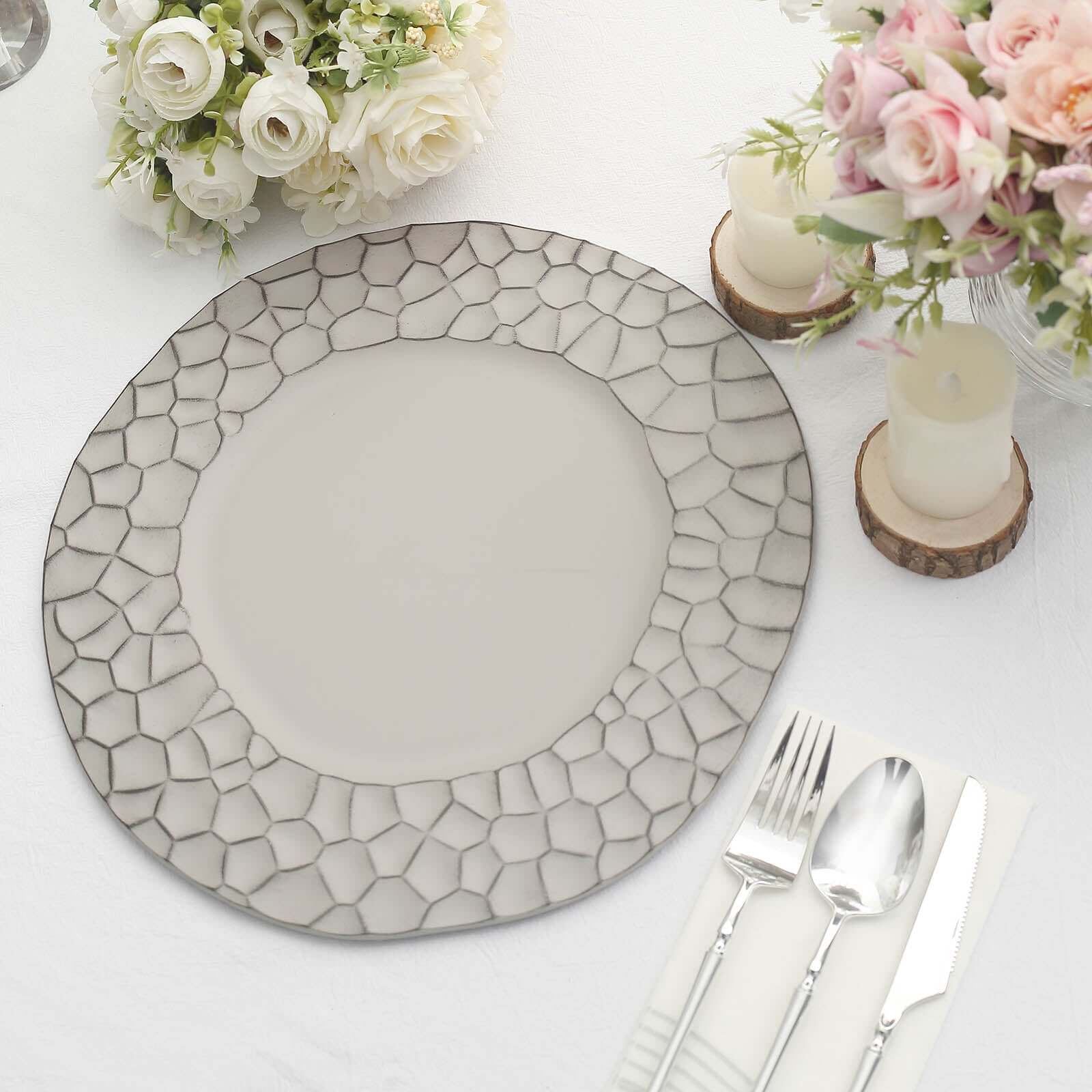 6-Pack Round Charger Plates 13" in Gray with Hammered Rim, Matte Finish Modern Dinner Charger Tableware