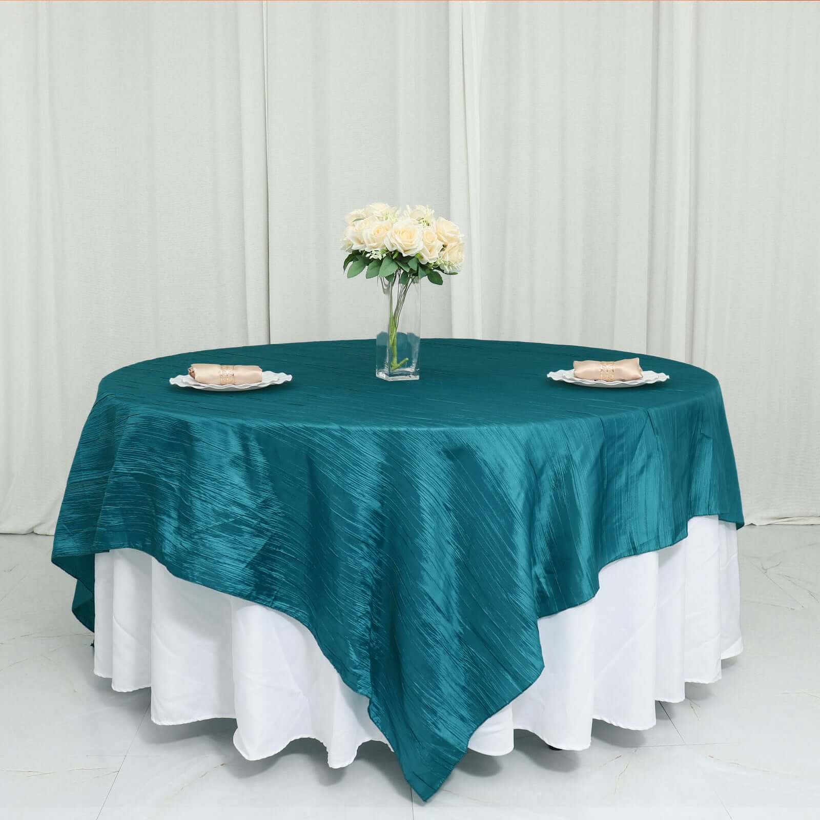 Taffeta 90"x90" Table Overlay Square Tablecloth Peacock Teal - Accordion Crinkle Table Cover
