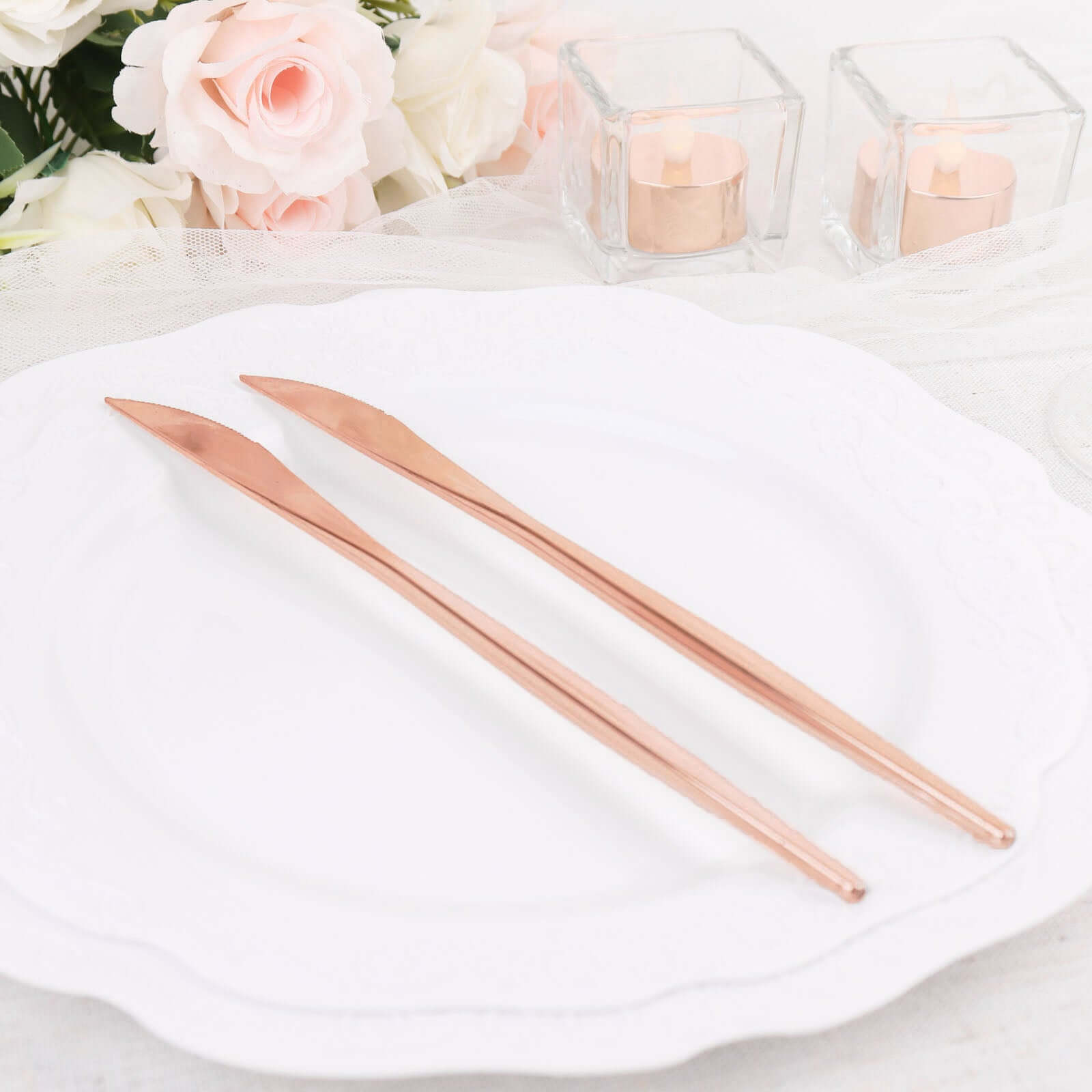 24-Pack Plastic Knives Glossy Rose Gold - Premium Heavy Duty Disposable Flatware Cutlery 8"