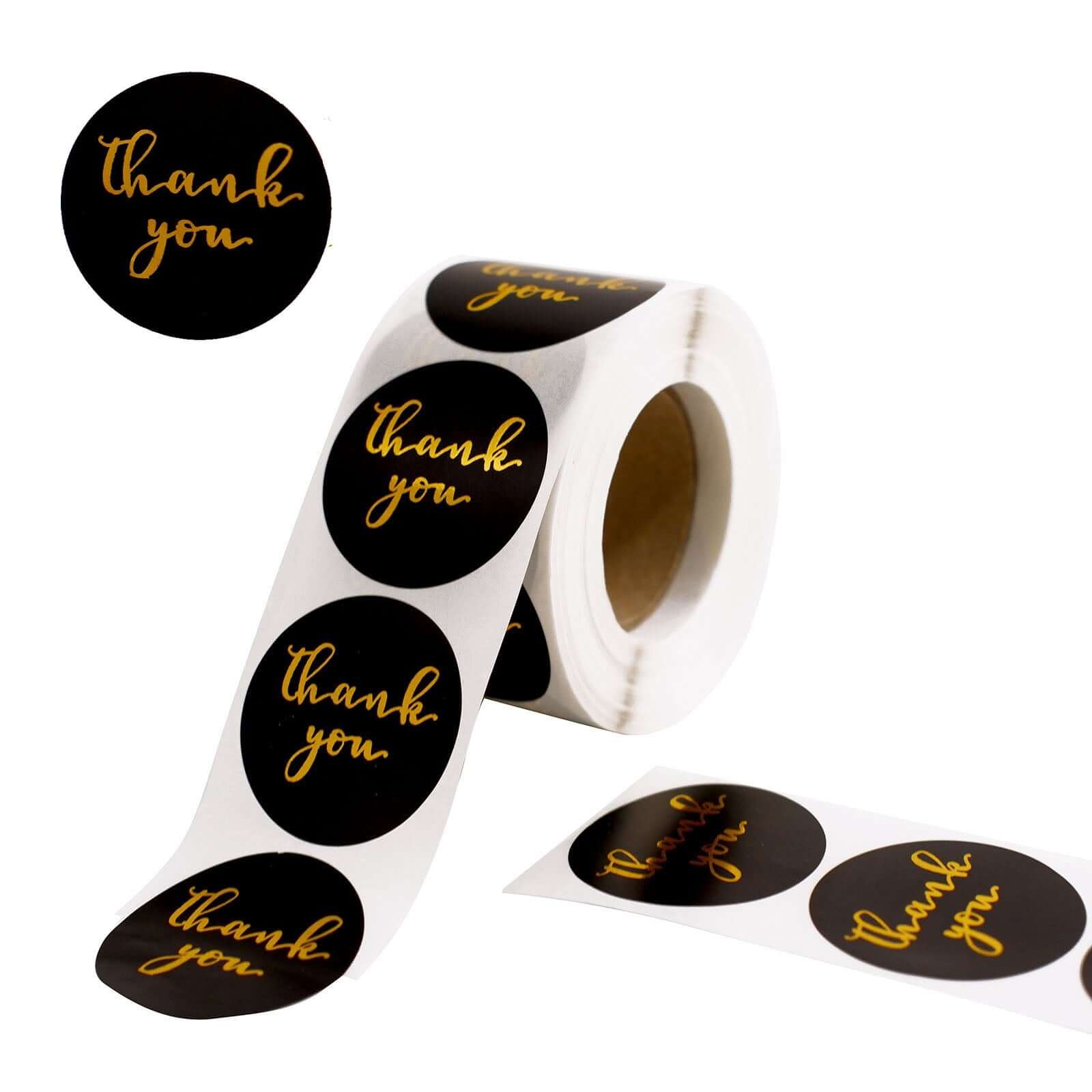 500Pcs 1.5" Thank You Gold Foil Text On Black Stickers Roll Décor Labels and Seals for DIY Envelope - Round