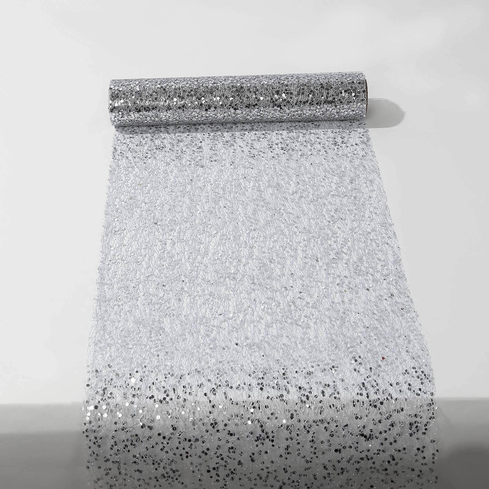 Mesh 11"x108" Table Runner Metallic Silver – Glitter Design for Convenient Event Decoration