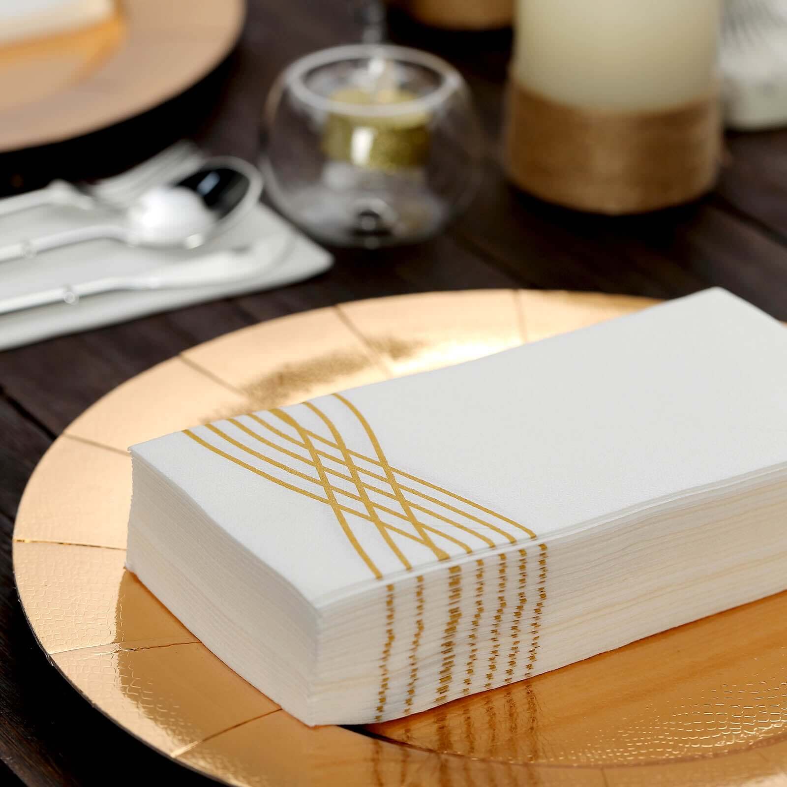 25 Pack Linen-Like Paper 8"x4" Napkins White with Metallic Gold Foil Wave Design - Soft & Absorbent Airlaid Hand Towels for Exquisite Weddings & Events