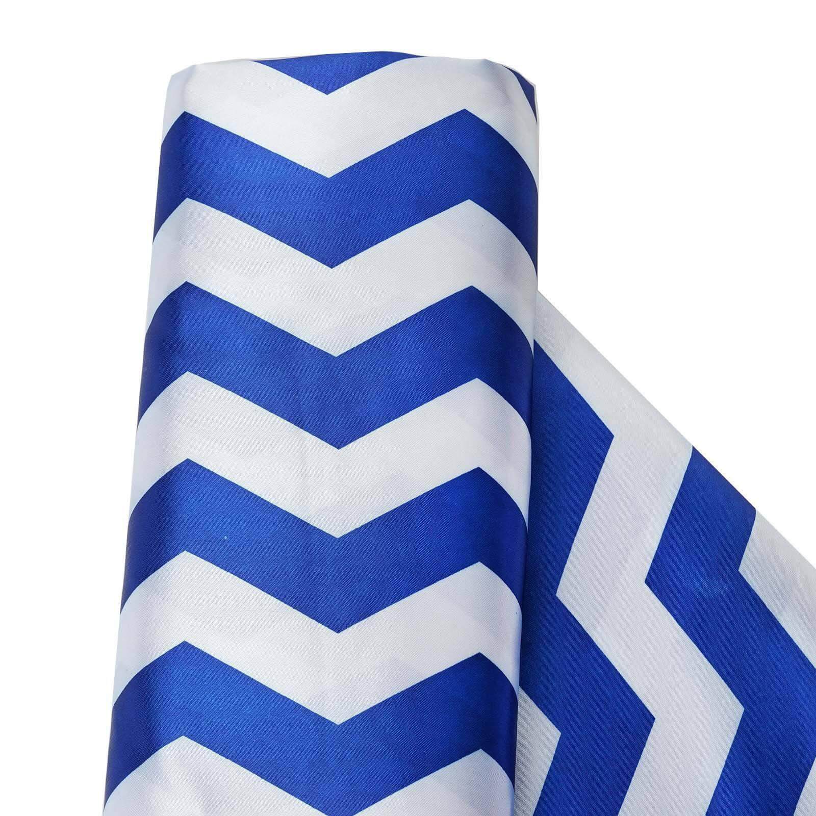 54"x10 Yards Royal Blue White Chevron Print Satin Fabric Roll, Zig Zag DIY Craft Fabric Bolt