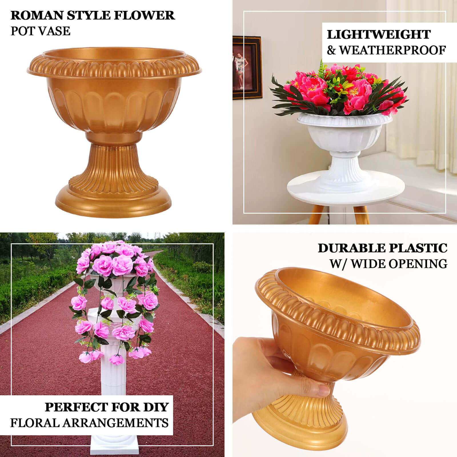 4-Pack Plastic Flower Pot Vases Roman Style Gold - Classic Floral Urn Planter Table Centerpieces 6"