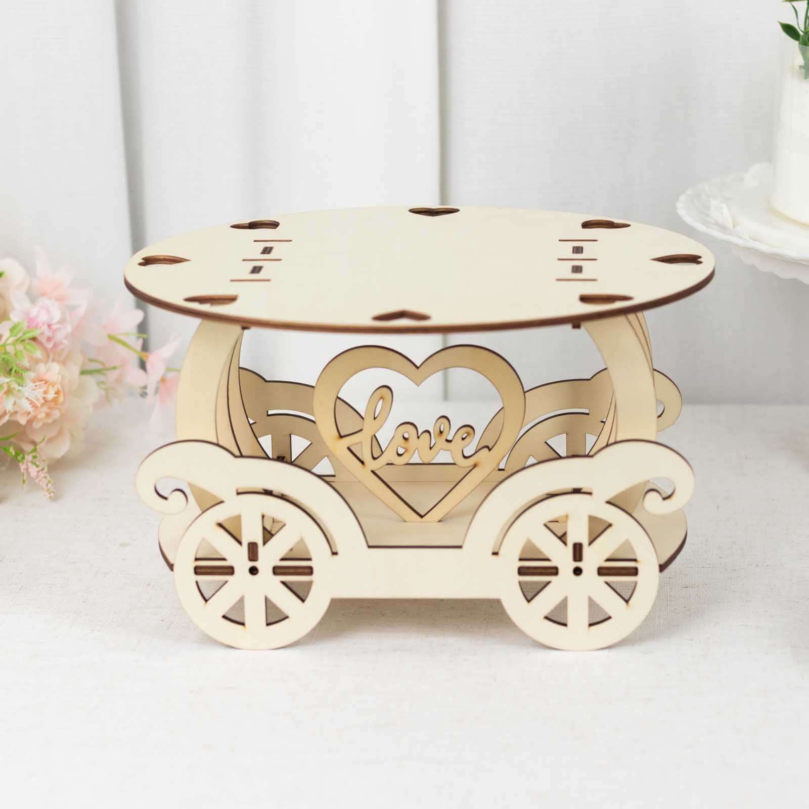 Wooden Wedding Cake Stand Carriage Shape Natural with Laser Cut Design - Round Cupcake Holder Display Plate 12"