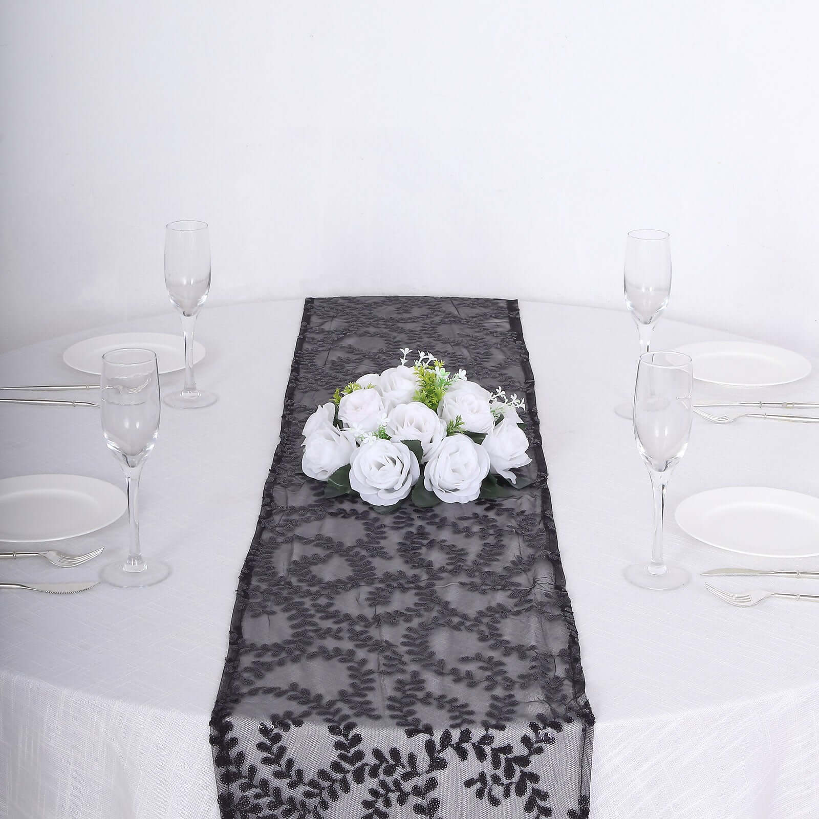 Mesh 12"x108" Table Runner Black - Leaf Vine Embroidery