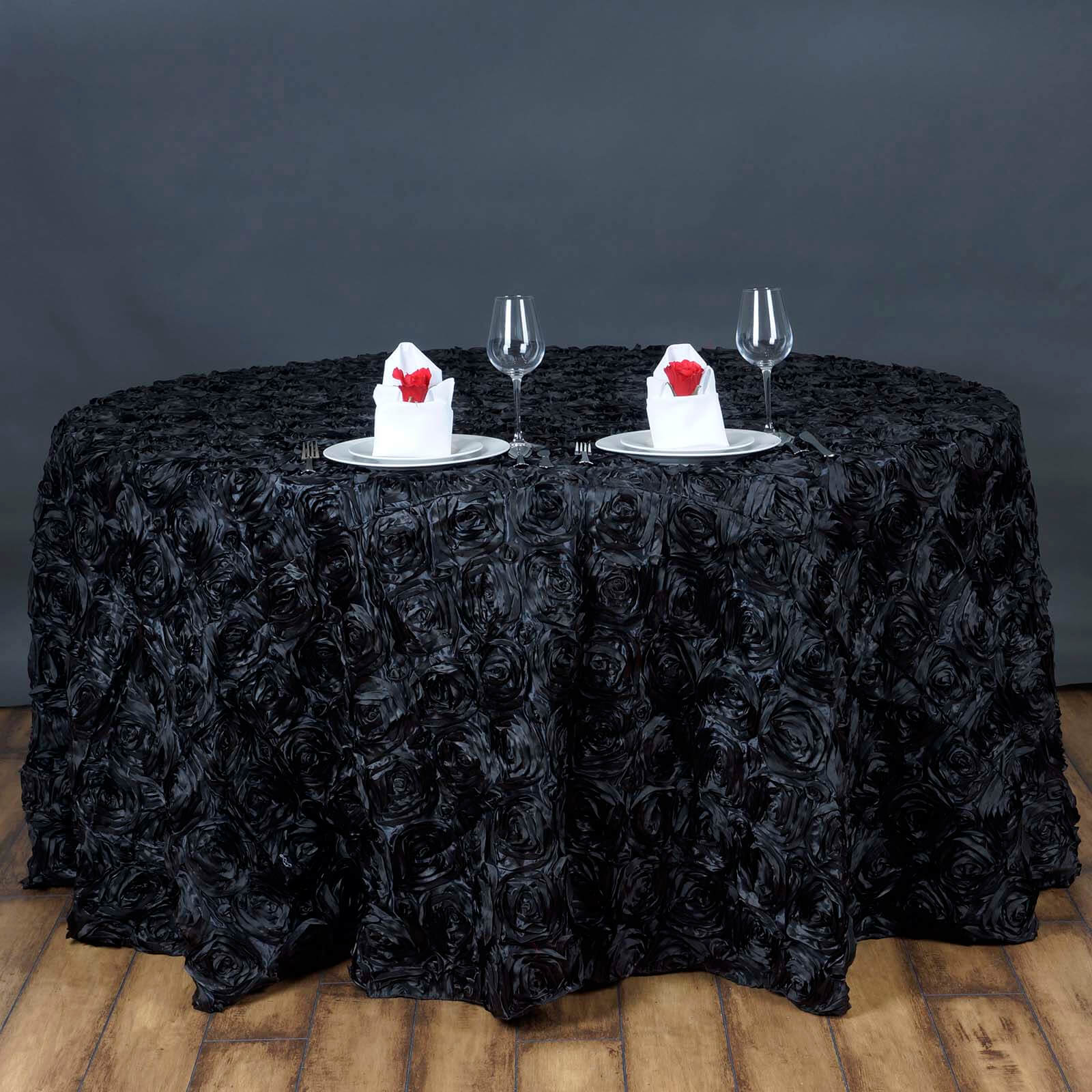 Satin 120" Round Tablecloth Black - Grandiose 3D Rosette with Seamless Finish Table Cover