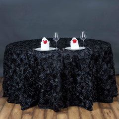Satin 120" Round Tablecloth Black - Grandiose 3D Rosette with Seamless Finish Table Cover