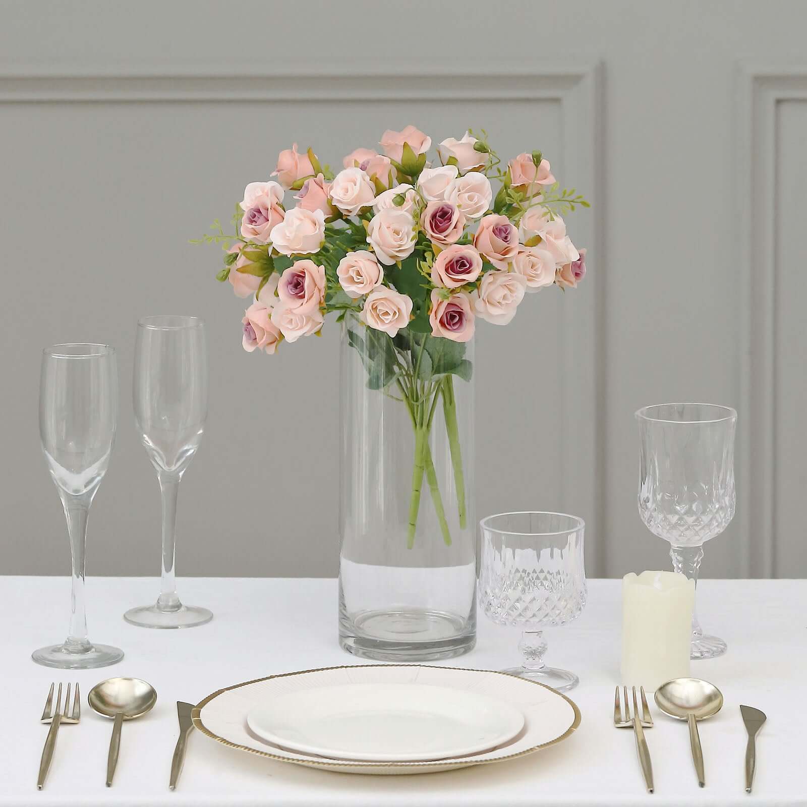 2 Pack 12" Blush Artificial Open Rose Flower Arrangements, Small Faux Floral Bouquets