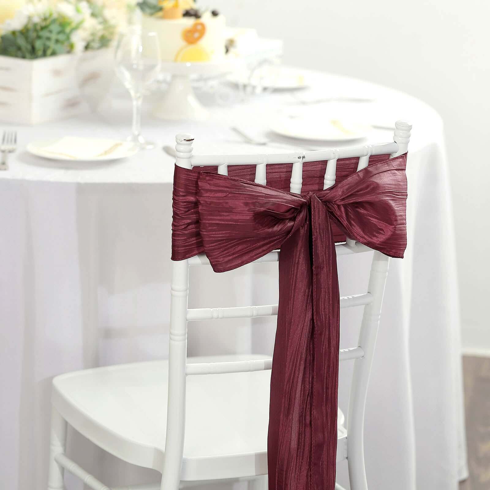 5 Pack Taffeta 6"x106" Chair Sashes Burgundy Accordion Crinkle Texture - Stylish Decor for Weddings & Gatherings