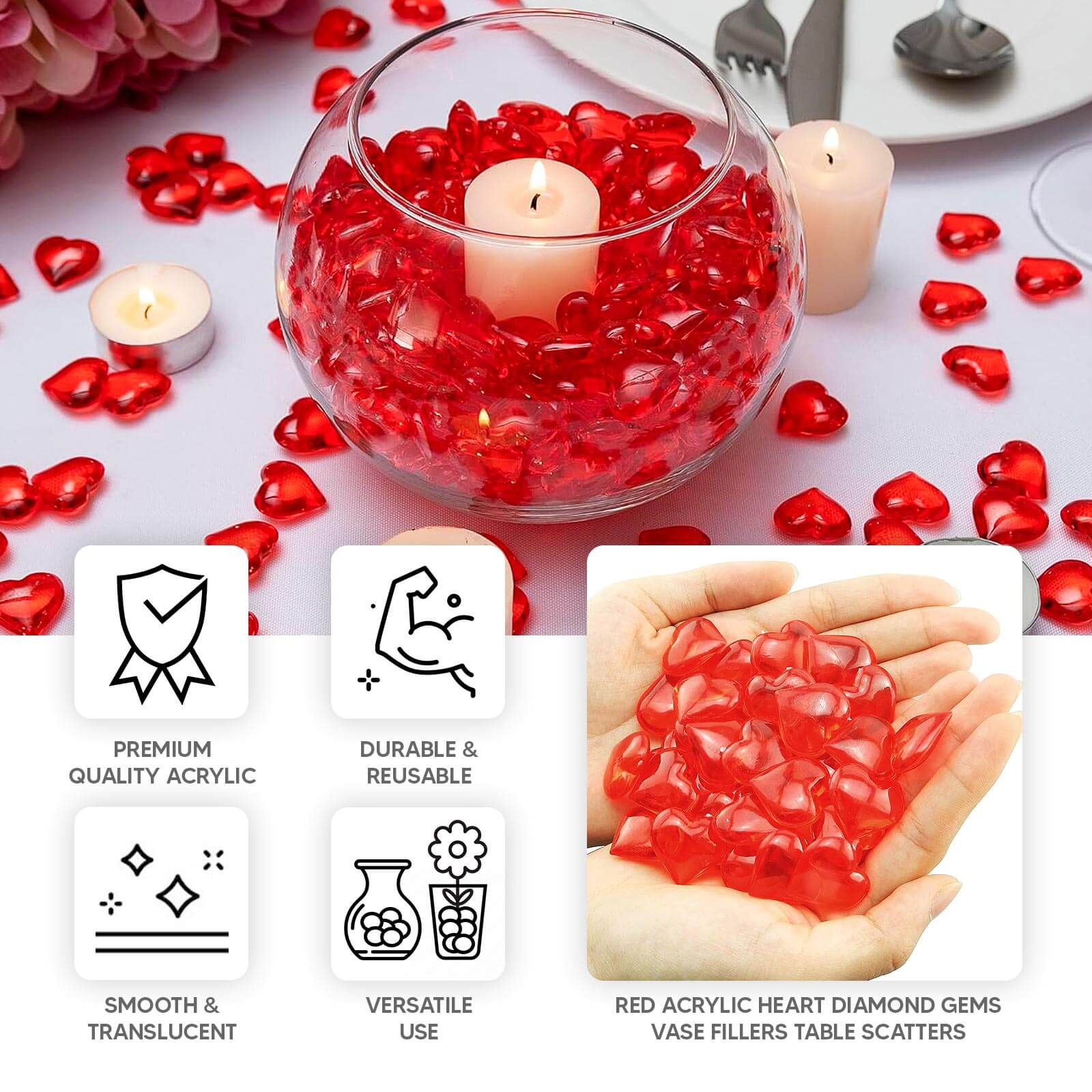 250 Pcs Acrylic Heart Diamond Gems Red Vase Fillers - Romantic Translucent Table Scatters for Valentine's Day & Events
