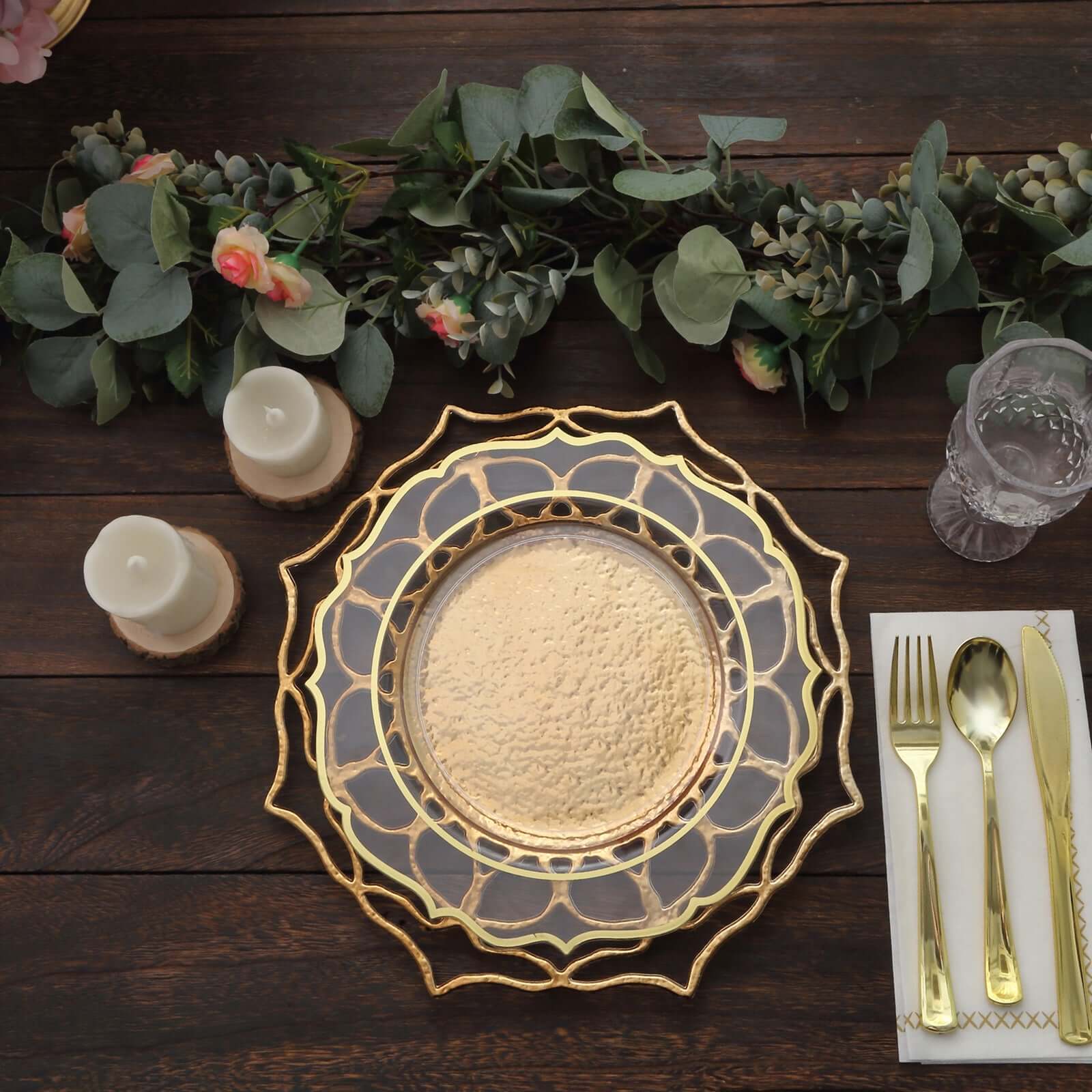 6-Pack Acrylic Round Charger Plates 13" in Gold with Floral Cutout Design, Hollow Flower Plastic Decorative Dinner Party Charger Tableware