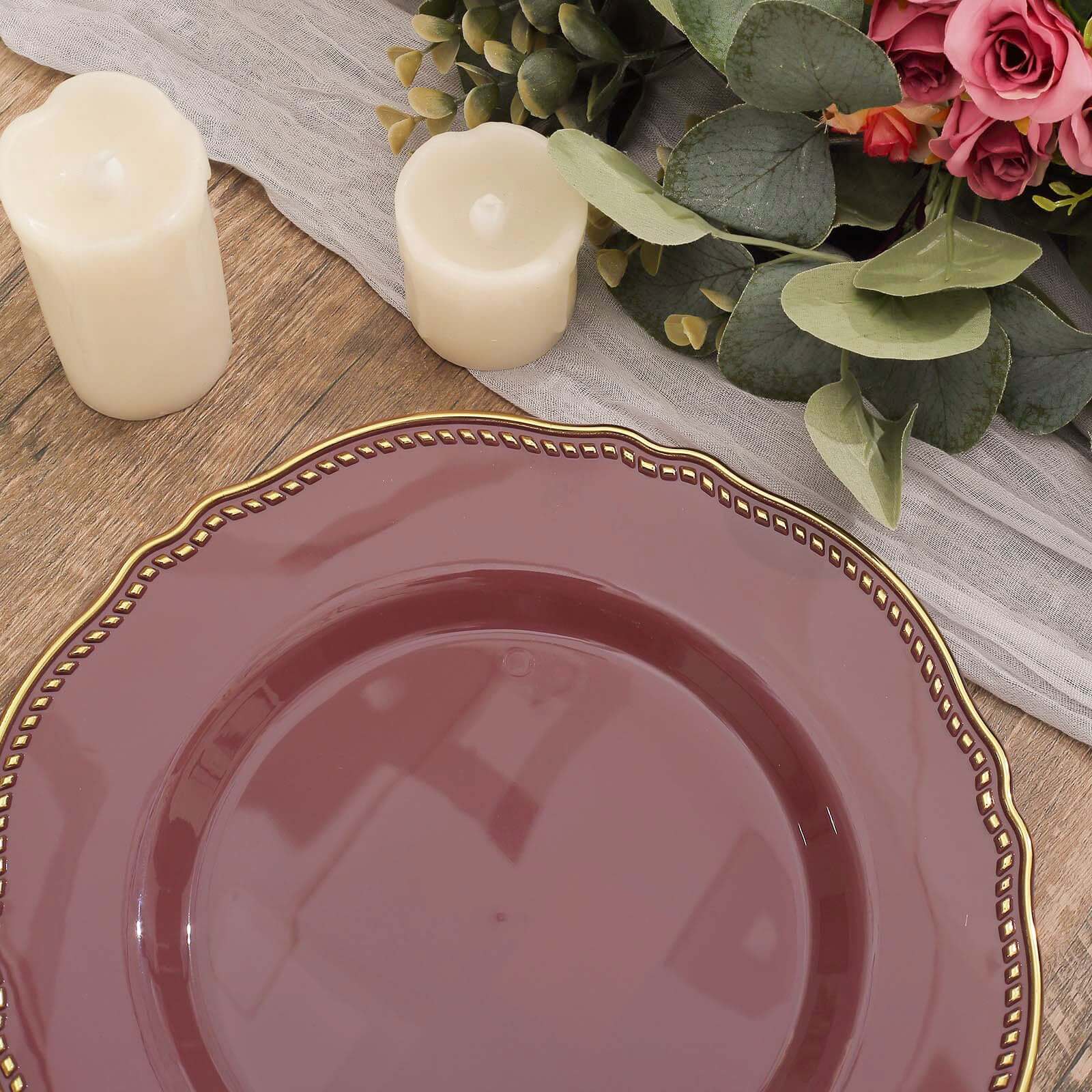 10-Pack Plastic 10" Dinner Plates in Cinnamon Rose with Gold Scalloped Rim - Disposable Large Party Plates