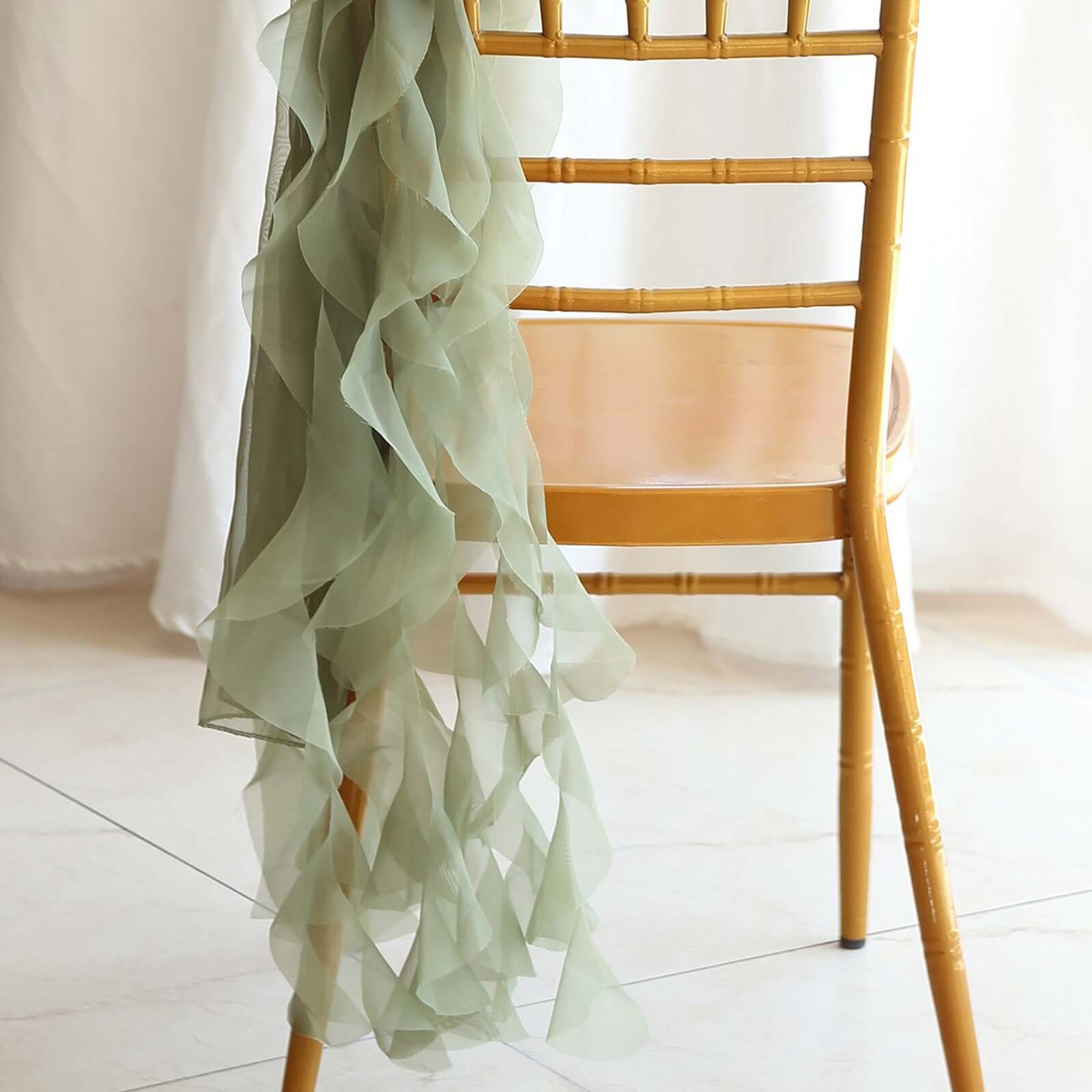 Chiffon Chair Sash with Curly Design Dusty Sage Green - Stylish Chair Decorations