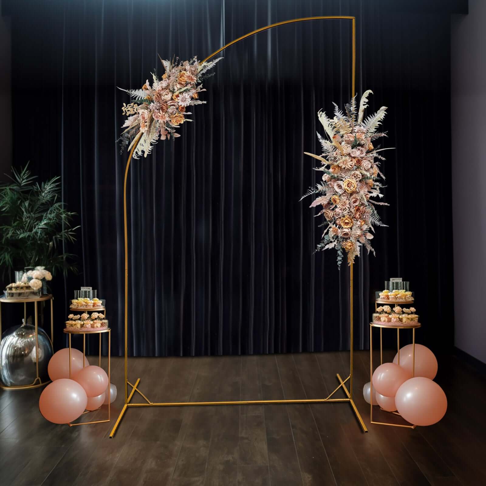 8ft Gold Metal Half Moon Floral Frame Wedding Arbor Stand, Chiara Backdrop Display Arch