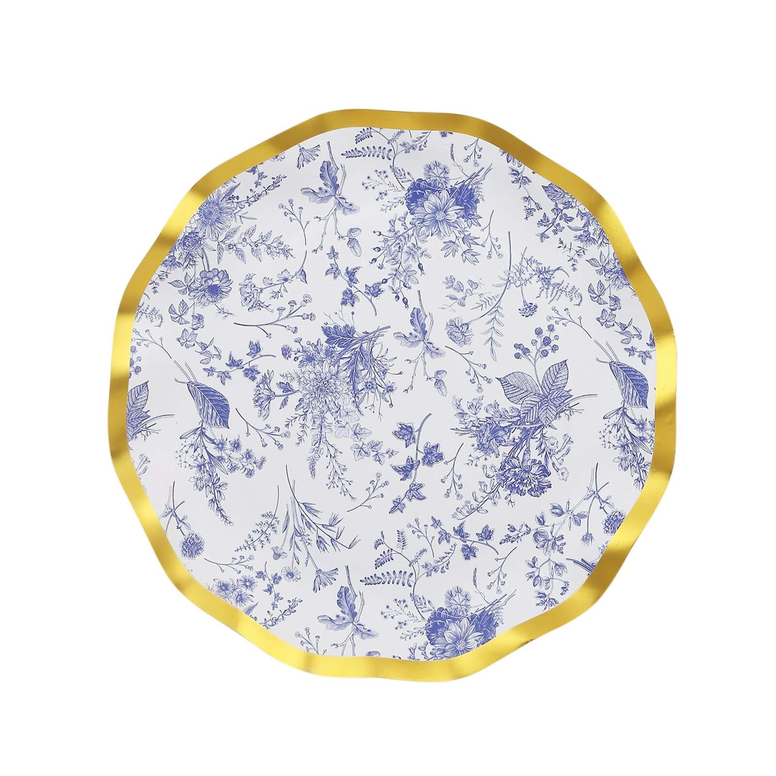 25-Pack Paper Round Dessert Plates 8" in White with Blue French Toile Pattern & Gold Wavy Rim - Disposable 350GSM Salad Plates