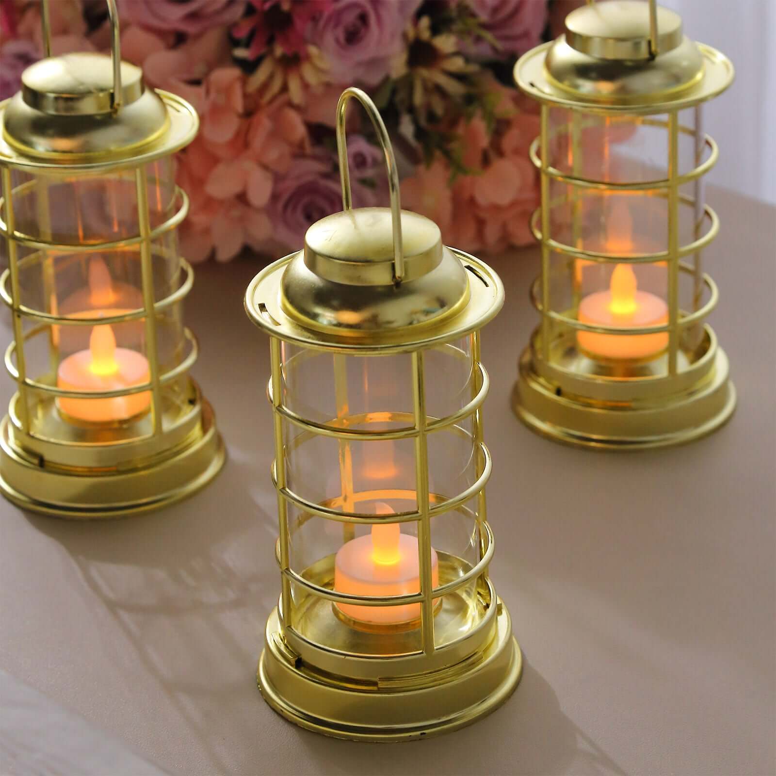 3-Pack LED Tealight Candles Decorative Gold - Battery Operated Mini Lantern Lamps 7"