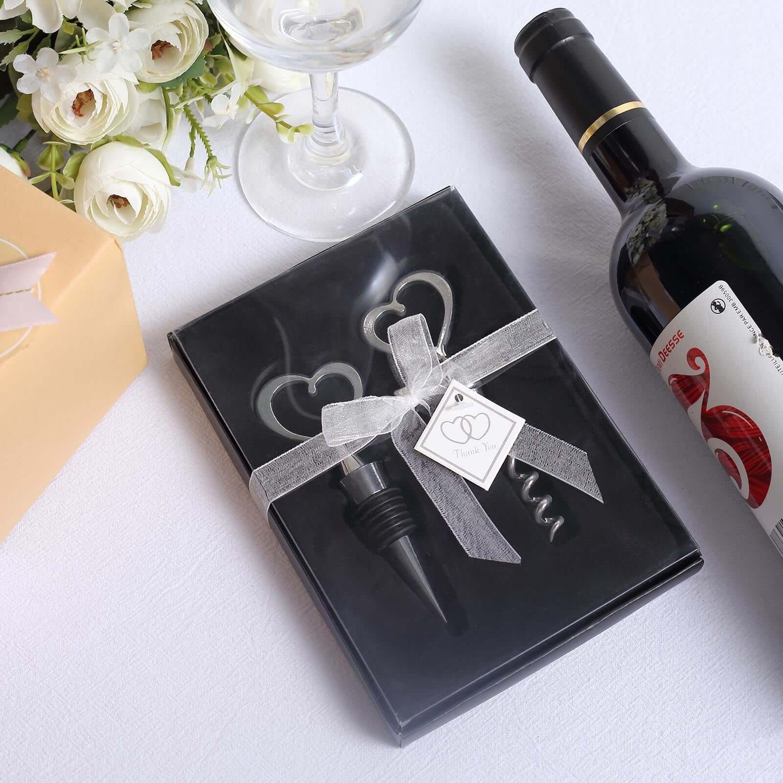 Silver Metal Heart Wine Bottle Opener Cork Stopper Party Favors Souvenir Gift Set, Wedding Favor in Velvet Box - 4.5",5"