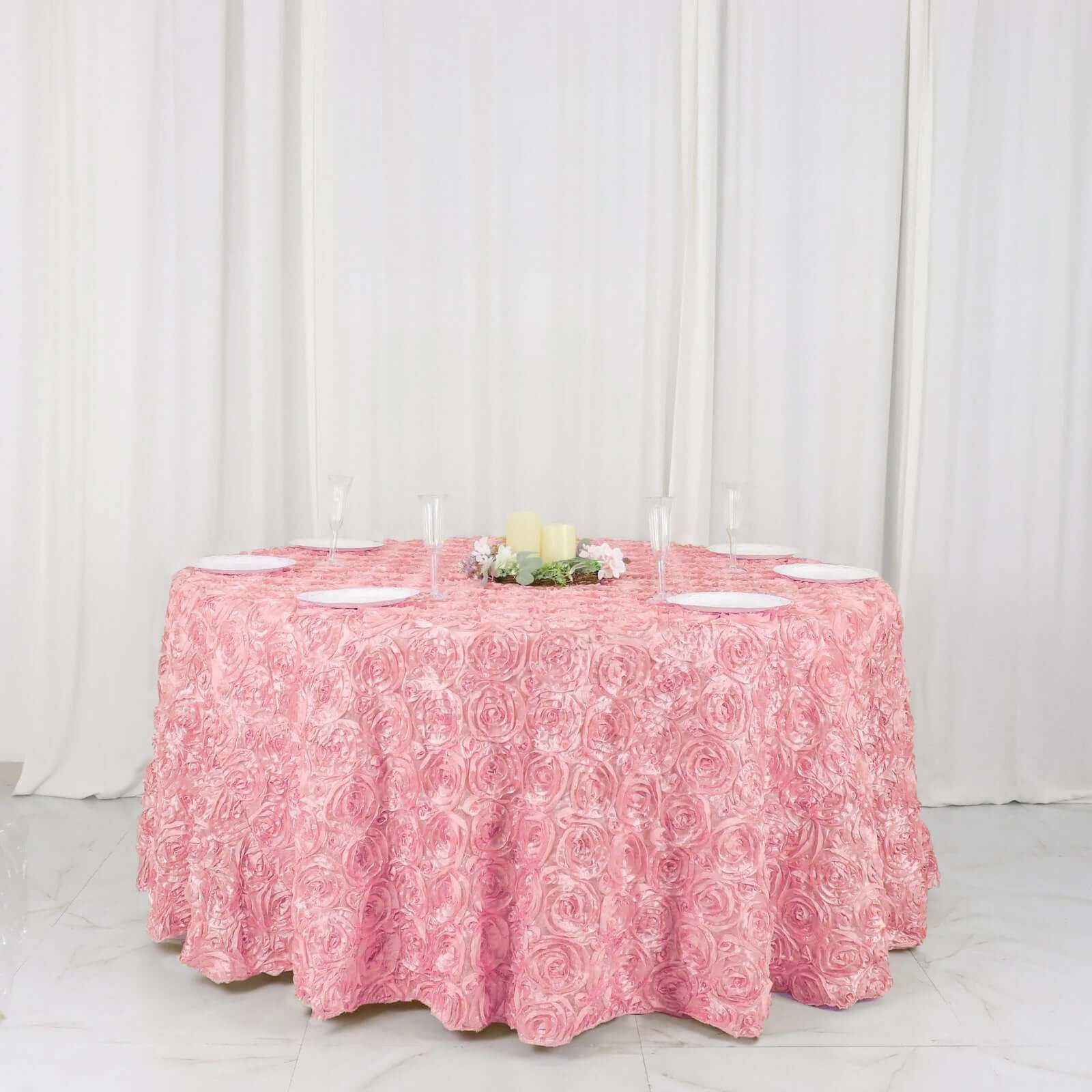 Satin 120" Round Tablecloth Pink - Grandiose 3D Rosette with Seamless Finish Table Cover
