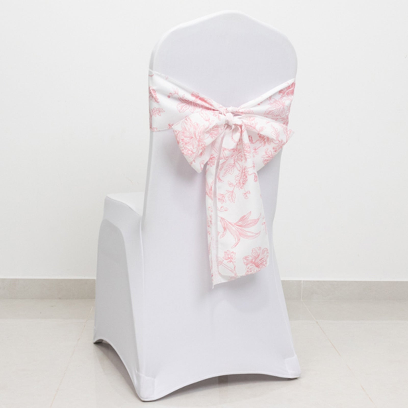 Polyester Chair Sashes White/Pink French Toile Floral Design - Wrinkle-Resistant & Durable Chair Bows 6"x108"