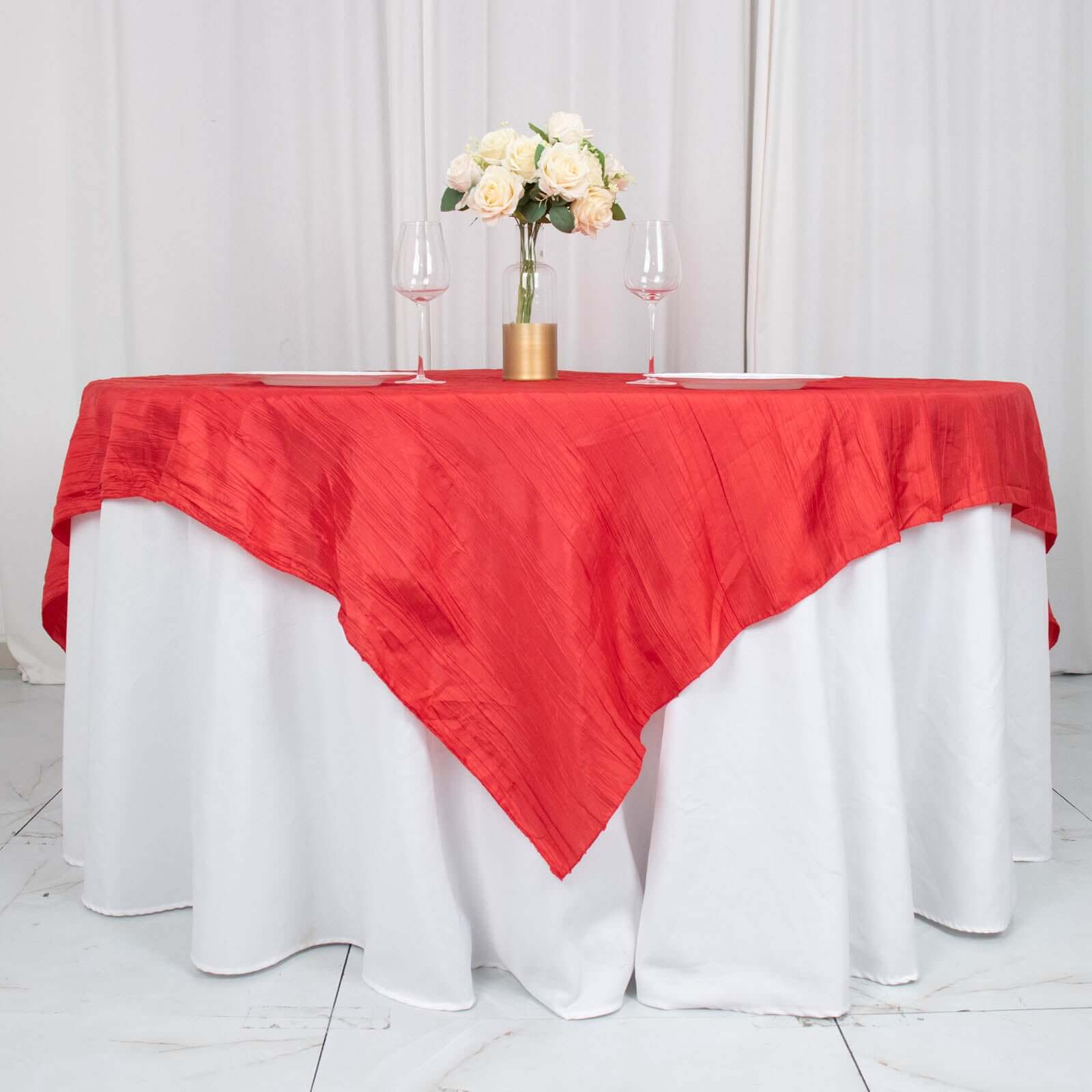 Taffeta 72"x72" Table Overlay Square Tablecloth Red - Accordion Crinkle Table Cover