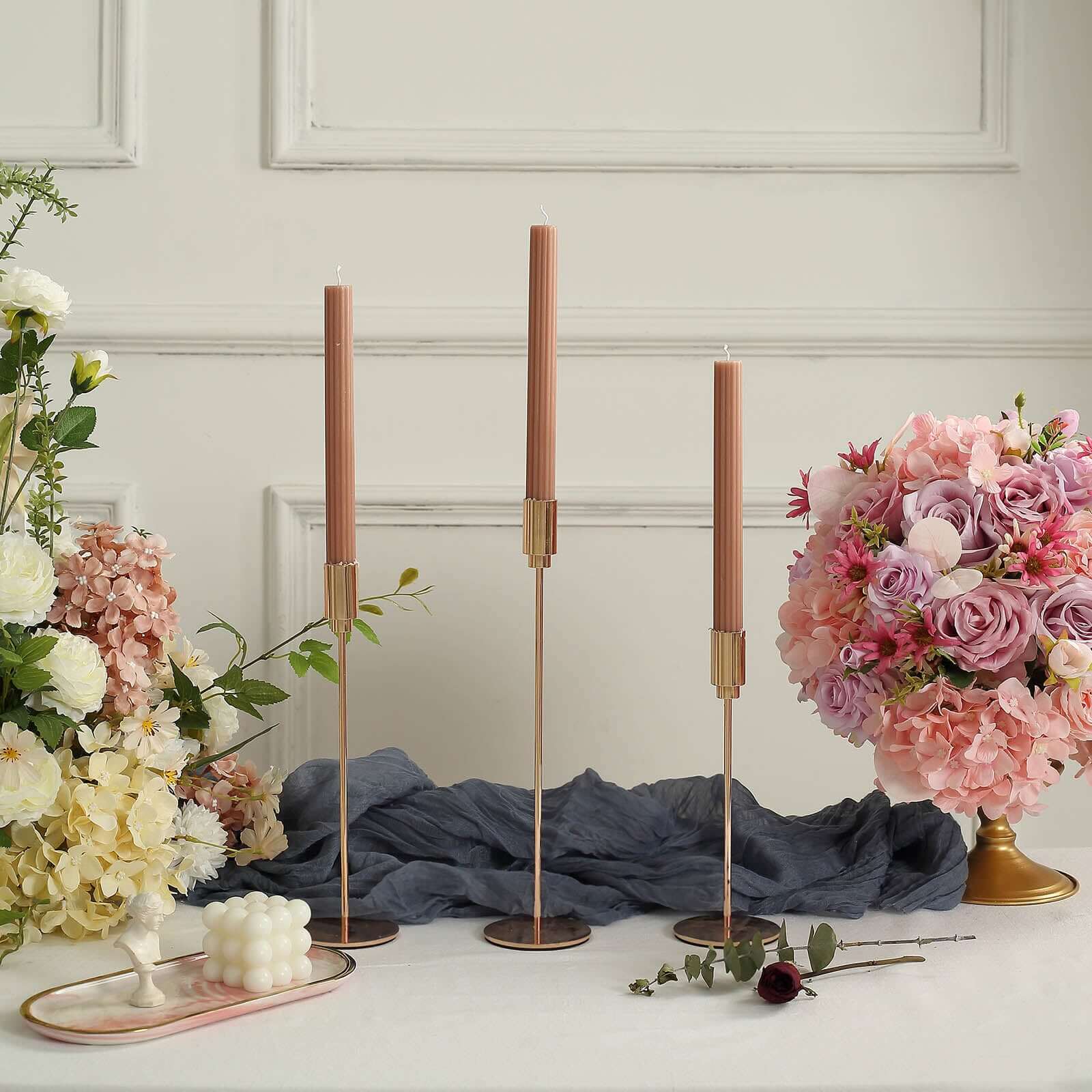 5-Pack Taper Candles Ribbed Wick Ribbon Wax Design Beige - Premium Unscented Dinner Candles 9"