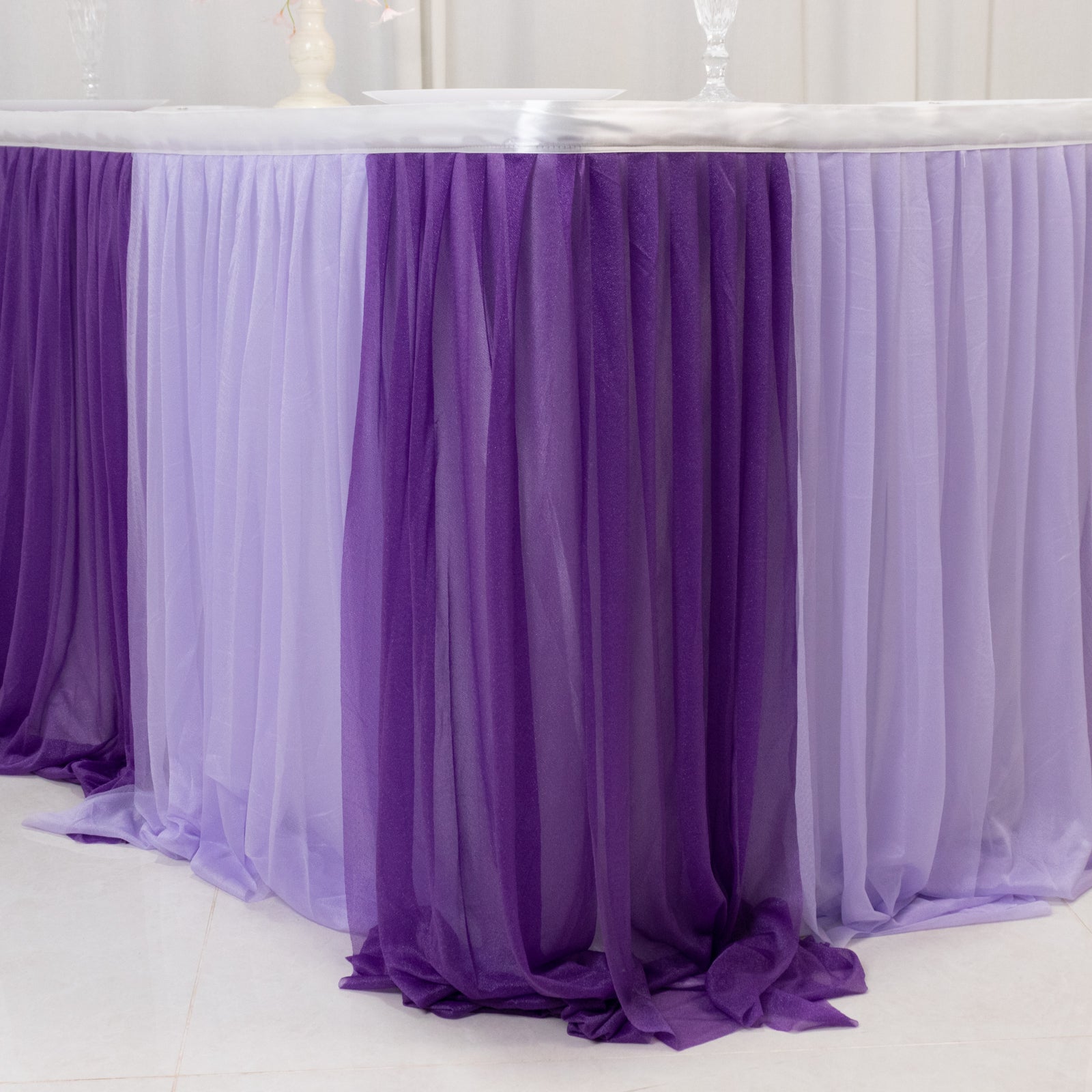 14ft Sheer Pleated Ruffle Skirting Chiffon Table Skirt - Purple and Lavender, Shimmer Sheer, Wrinkle-Free Fabric