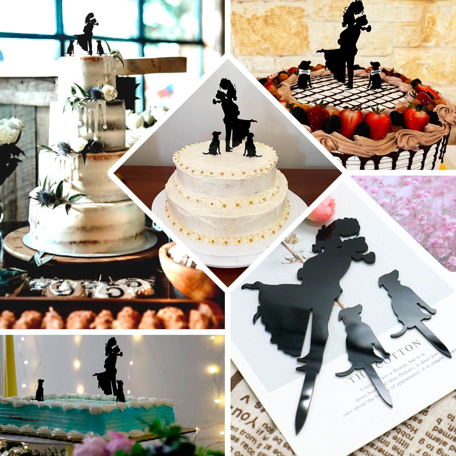 Acrylic Cake Toppers Black Silhouette Design of Bride, Groom, and Pet Dogs - Wedding Cake Decoration Set 7"