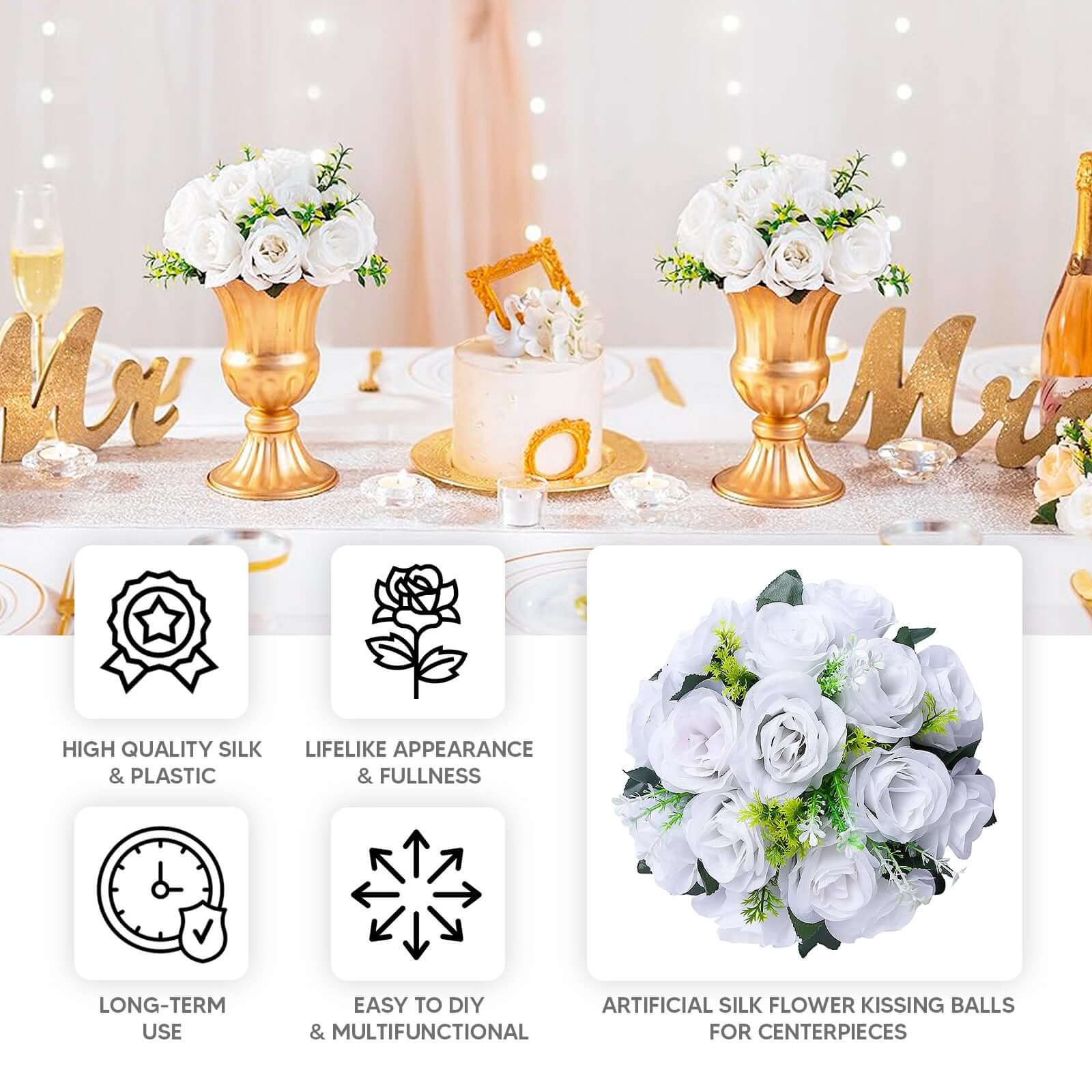 2 Pack White Silk 15-Head Rose Flower Balls For Centerpieces - 10", Artificial Kissing Ball Floral Arrangements