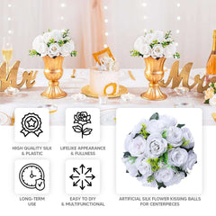 2 Pack White Silk 15-Head Rose Flower Balls For Centerpieces - 10", Artificial Kissing Ball Floral Arrangements