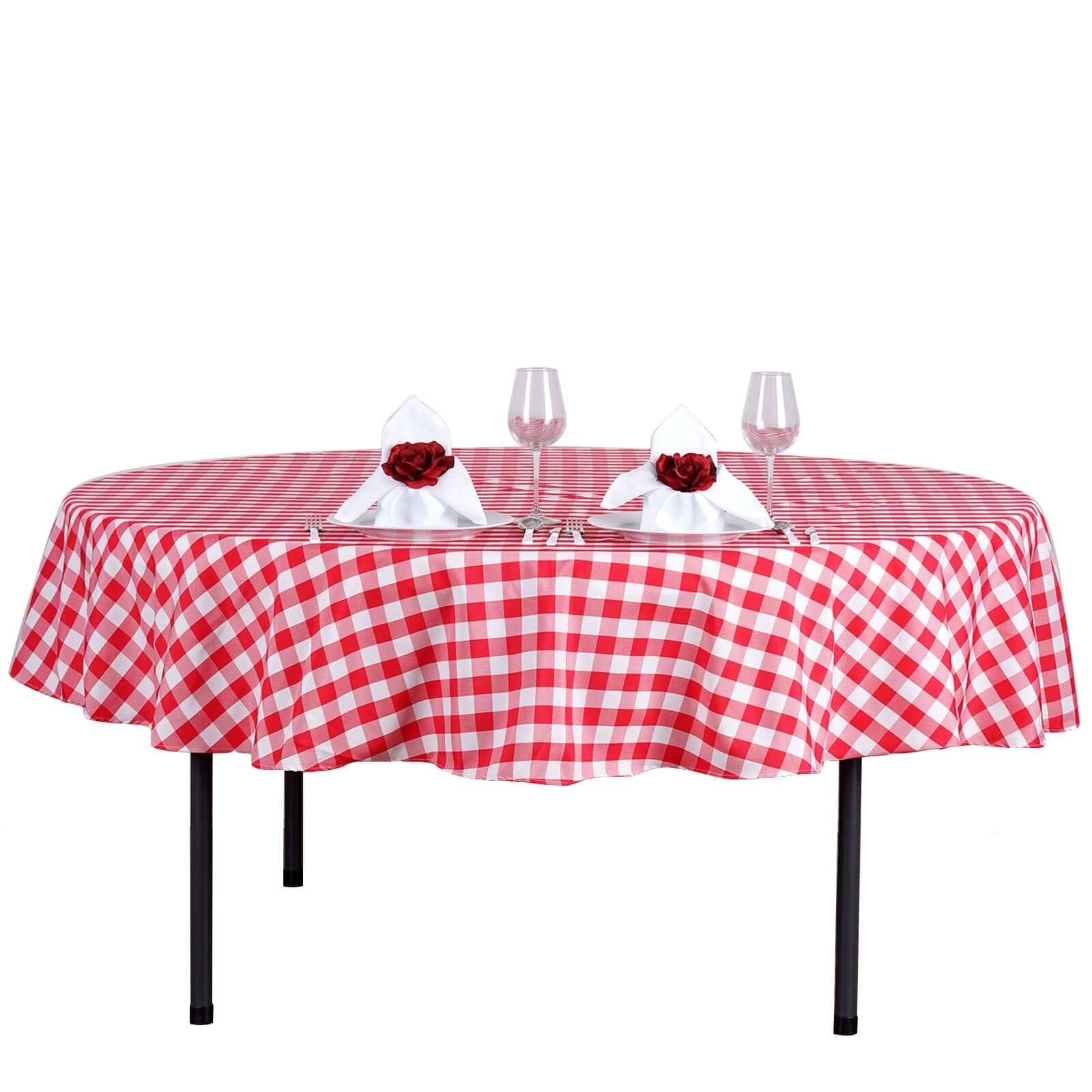 Polyester 70" Round Tablecloth White/Red - Checkered Buffalo Plaid Table Cover