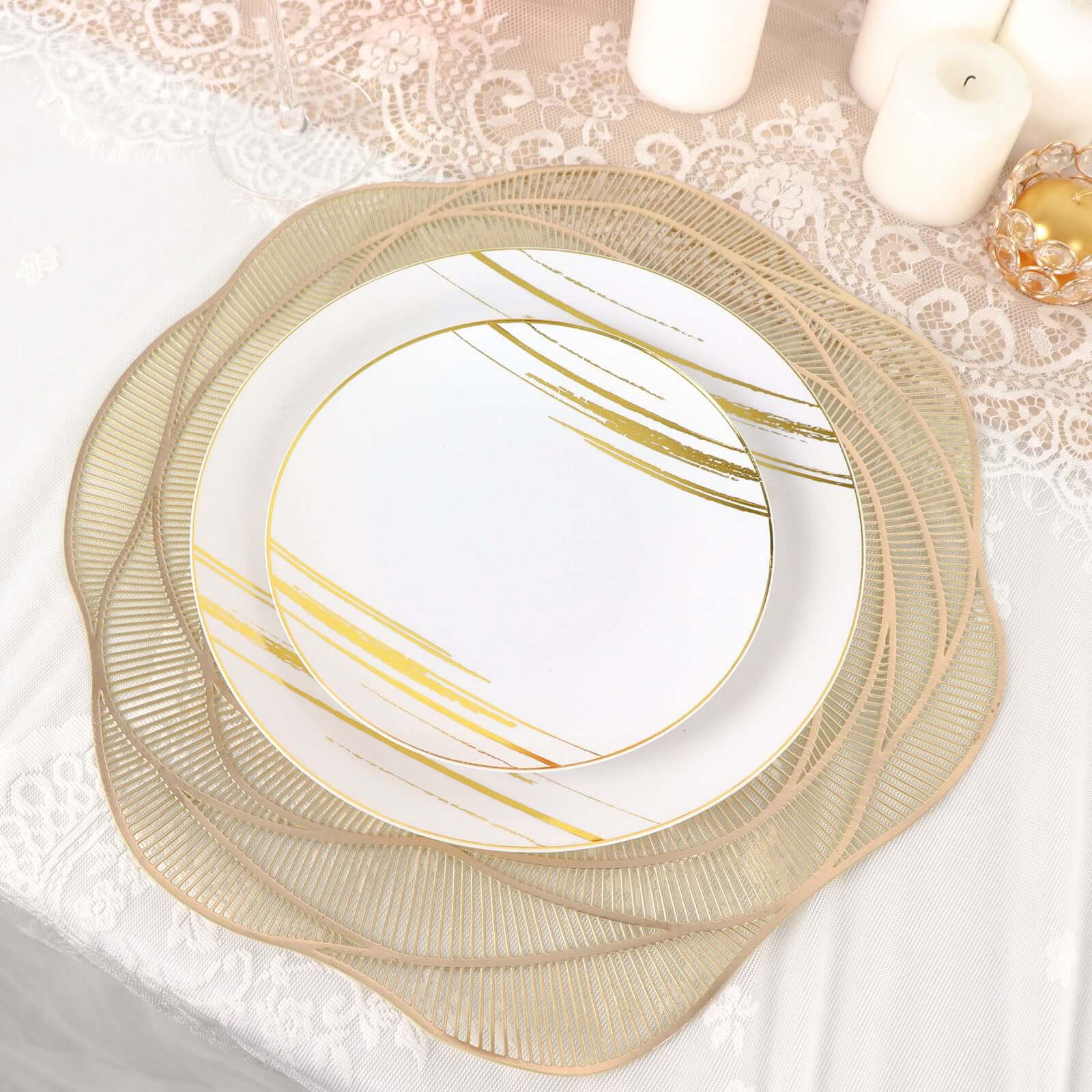 6-Pack Dining Table Mats Rose Flower Design Metallic Gold - Vinyl Round Non-Slip and Washable Table Mats 15"