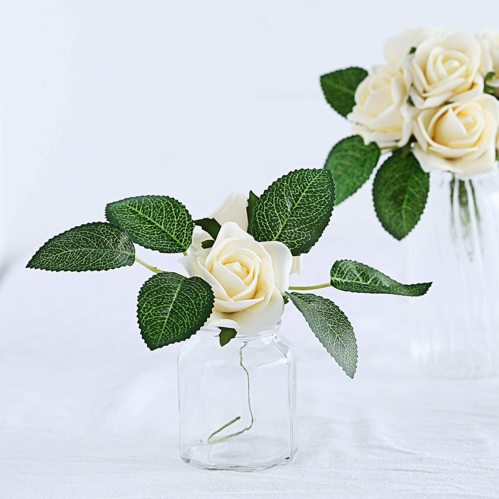 24 Roses 2" Cream Artificial Foam Flowers With Stem Wire and Leaves