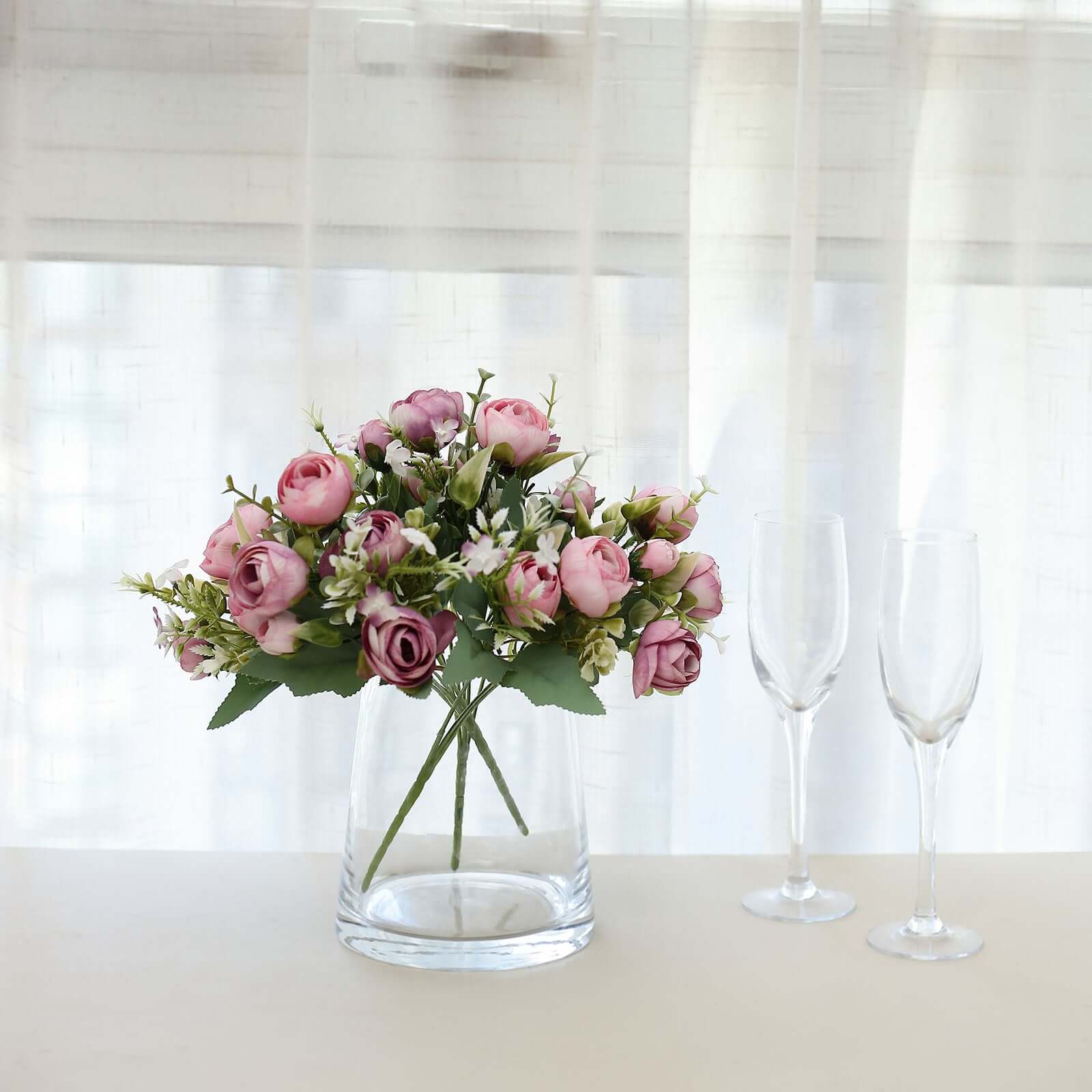 4 Pack 12" Artificial Dusty Rose Ranunculus Silk Flower Bridal Bouquets, Faux Buttercup Floral Arrangement