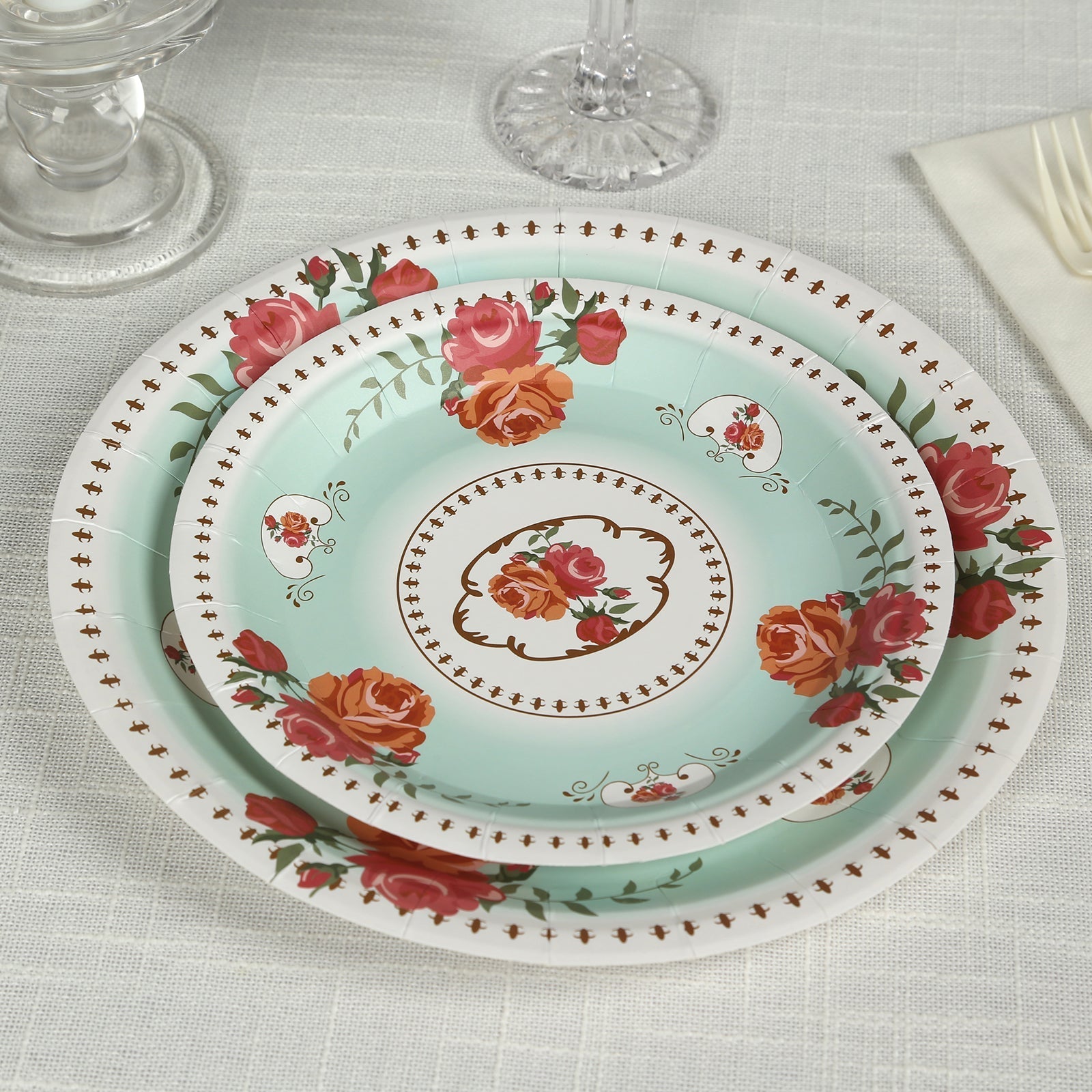 25-Pack Paper 7" Round Dessert Plates in Light Turquoise with Vintage Rose Flower Print - Disposable Appetizer Salad Plates
