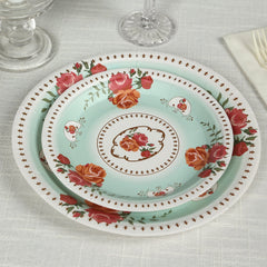 25-Pack Paper 7" Round Dessert Plates in Light Turquoise with Vintage Rose Flower Print - Disposable Appetizer Salad Plates