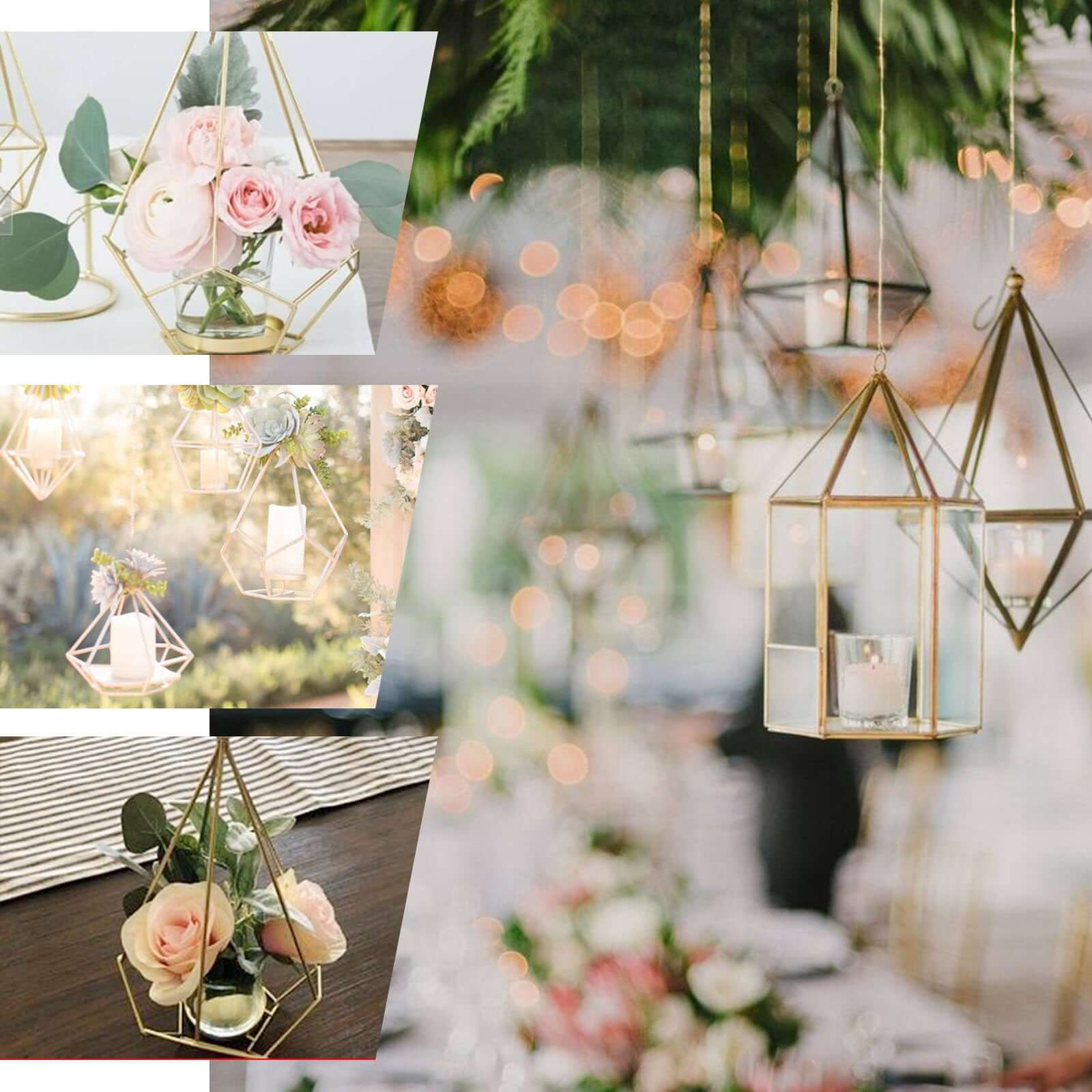 Set of Metal Candle Holders Linked Geometric Design Rose Gold - Modern Votive Glass Decor for Tables & Gatherings 16"