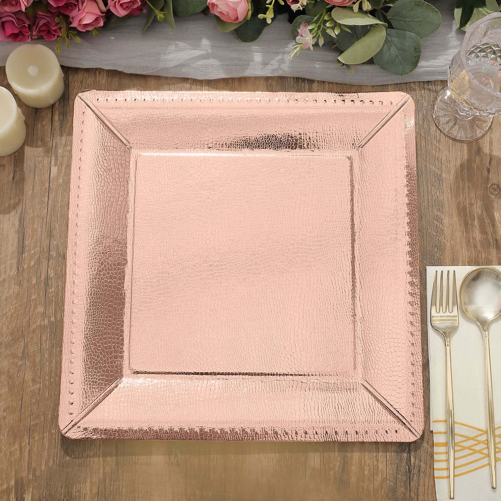10-Pack Disposable Square Charger Plates in Rose Gold with Leather Like Texture - 1100GSM Durable Paper Chargers for Sophisticated Events 13"