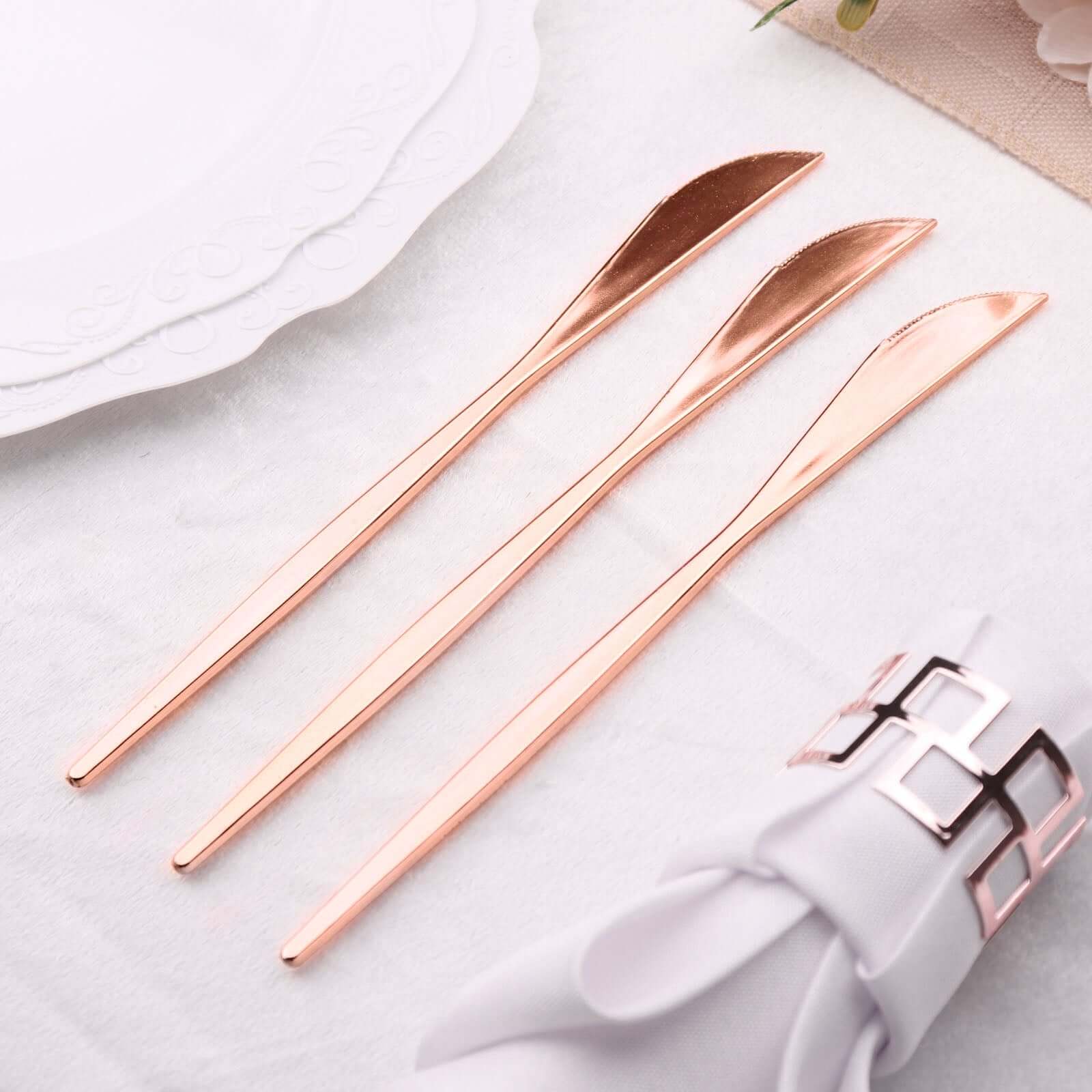24-Pack Plastic Knives Glossy Rose Gold - Premium Heavy Duty Disposable Flatware Cutlery 8"