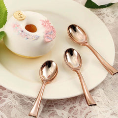 24-Pack Plastic Mini Dessert Spoons Rose Gold - Heavy Duty Disposable Silverware 4"