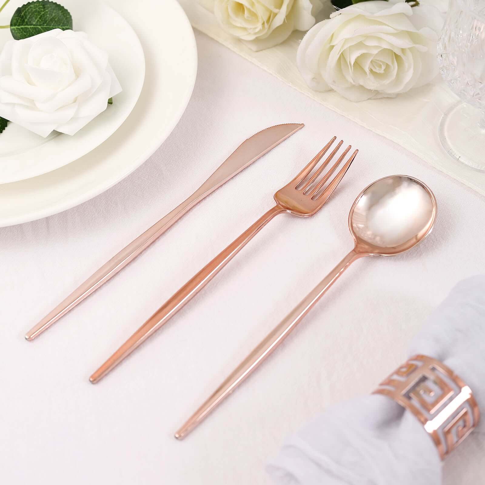24-Pack Plastic Flatware Set with Sleek Modern Design Rose Gold - Premium Disposable Silverware 8"