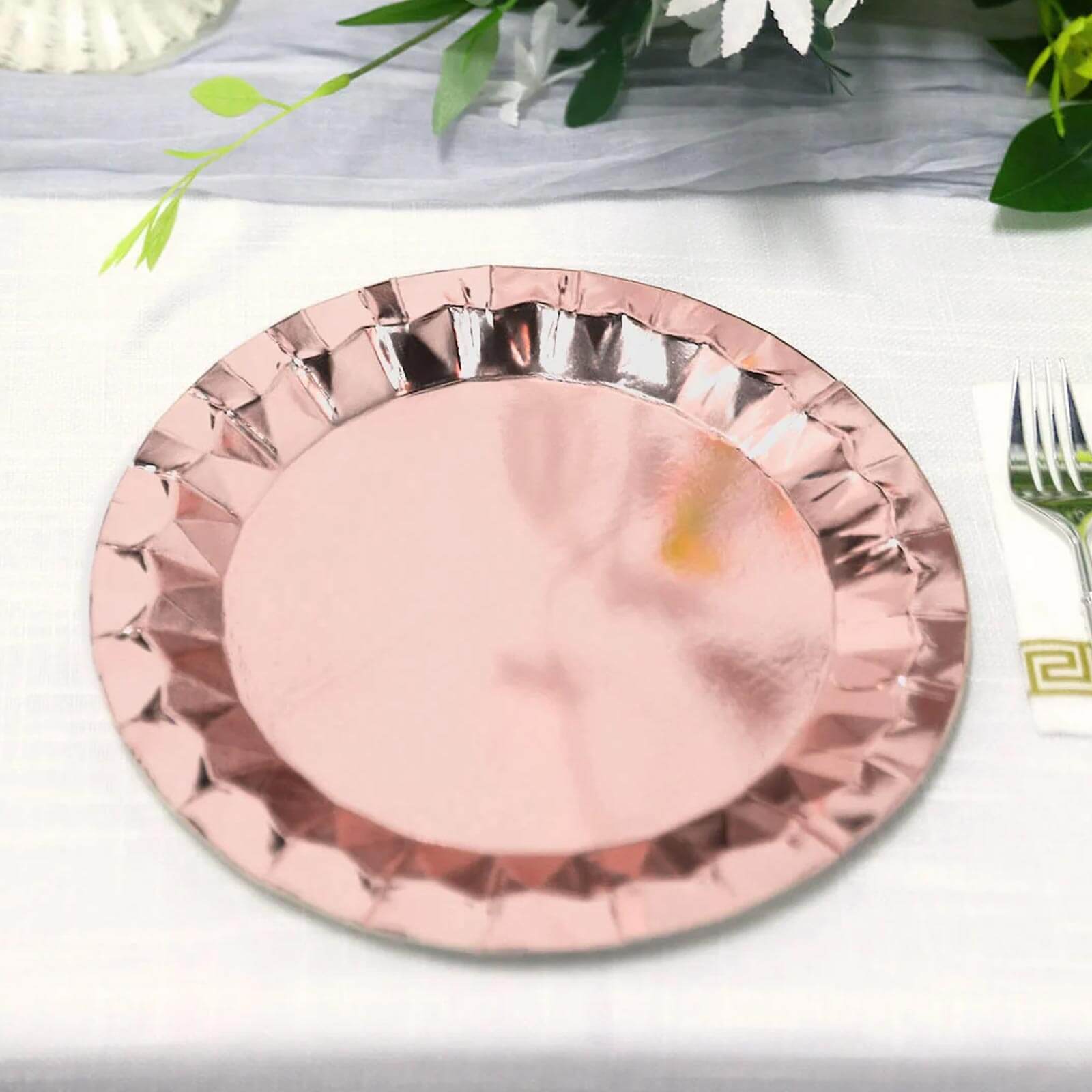 25-Pack Paper 9" Round Dinner Plates in Metallic Rose Gold with Geometric Prism Rim - Disposable 400GSM Party Plates