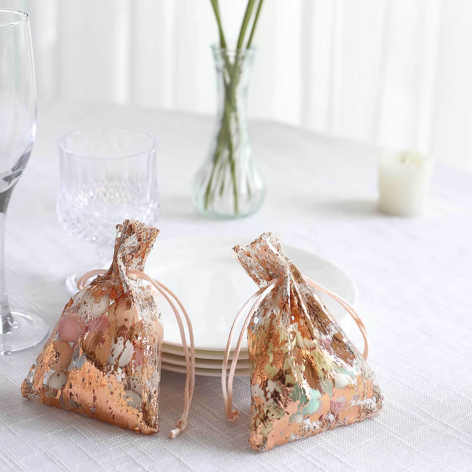 12 Pack Metallic Rose Gold Foil Polyester Drawstring Candy Bags, Wedding Party Favor Bags - 4"x5"
