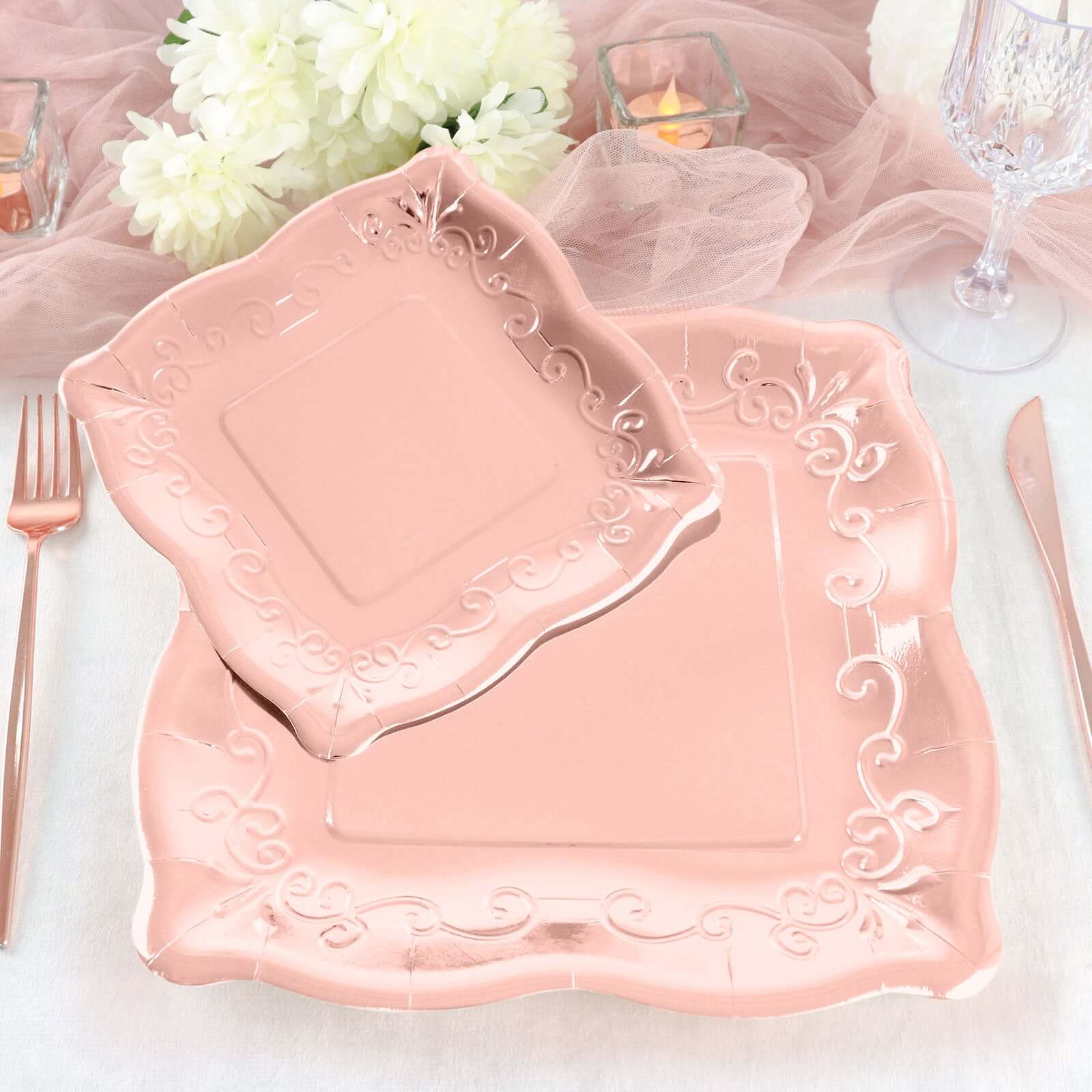 25-Pack Paper 7" Square Dessert Plates in Rose Gold with Vintage Pottery Embossed Design - Shiny Metallic Disposable Appetizer Plates
