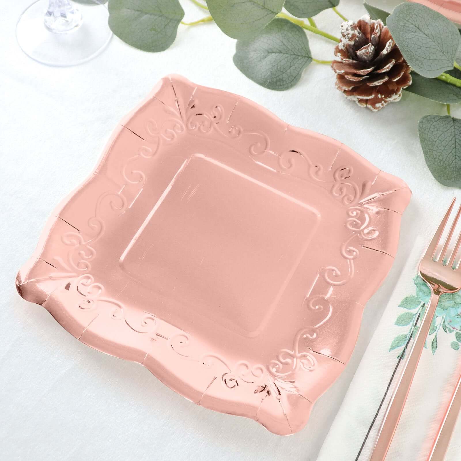 25-Pack Paper 7" Square Dessert Plates in Rose Gold with Vintage Pottery Embossed Design - Shiny Metallic Disposable Appetizer Plates